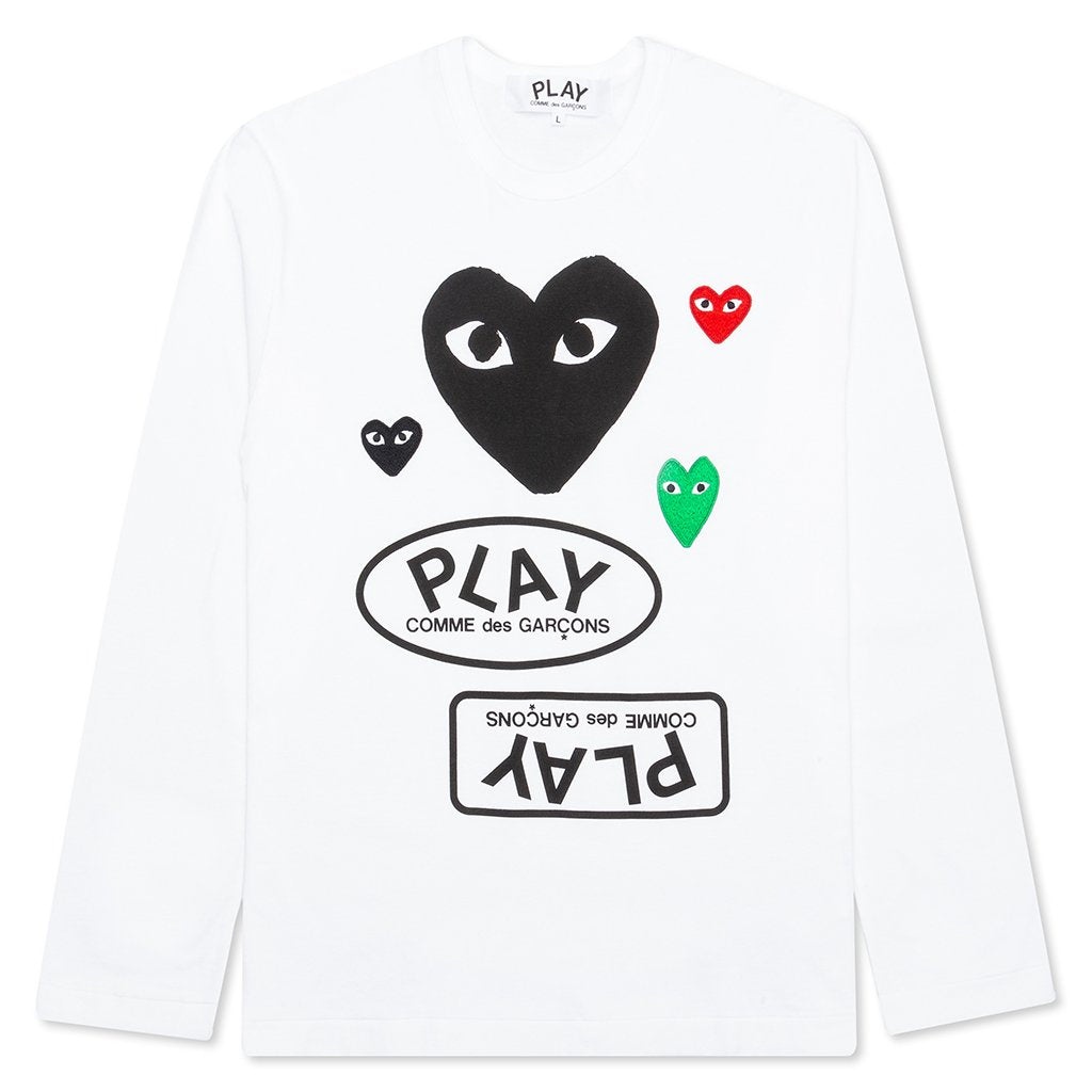 COMME DES GARCONS PLAY BLACK MULTI LOGO L/S T-SHIRT - WHITE - 1