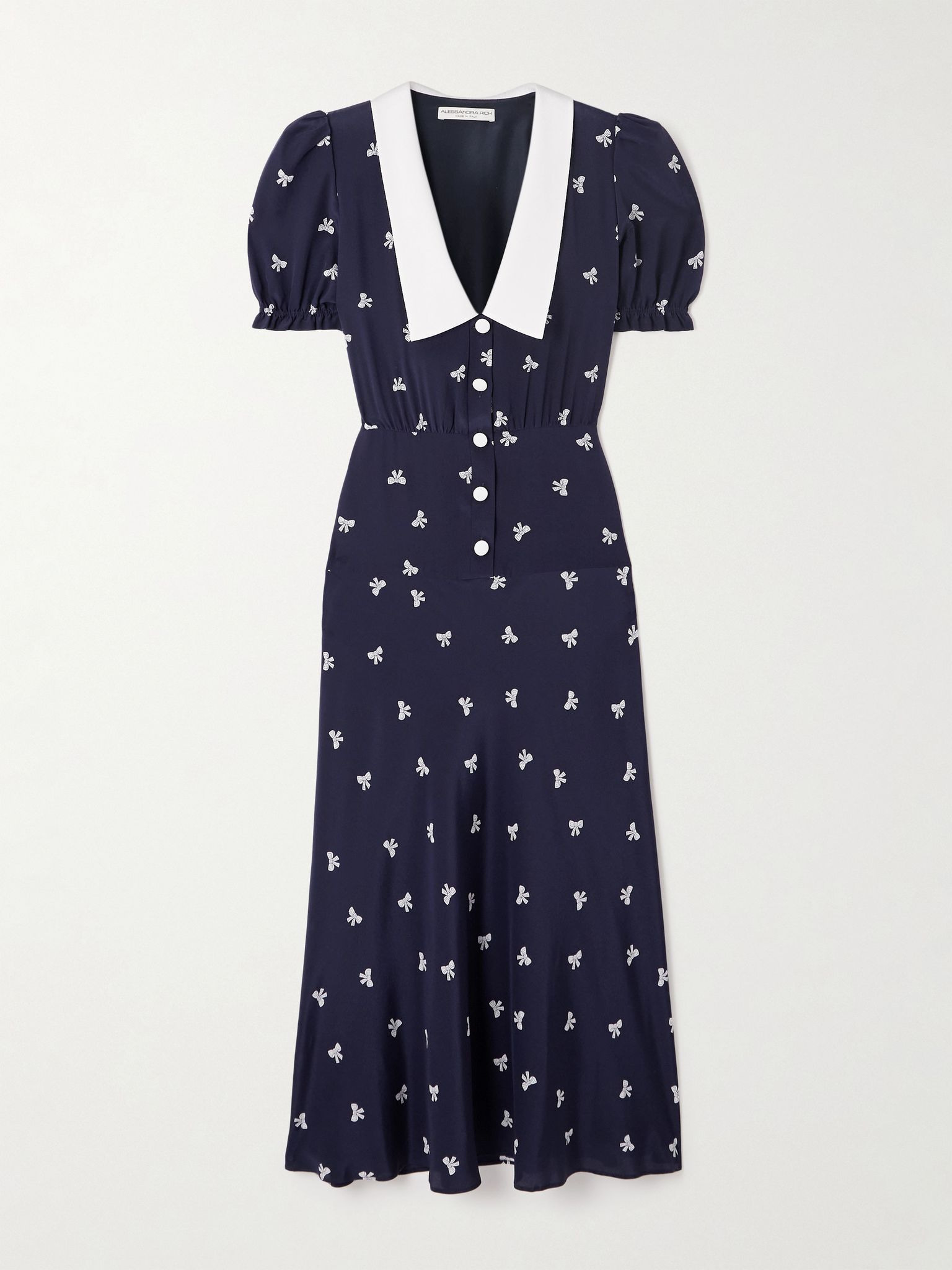 Crepe-trimmed gathered printed silk midi dress Navy - 1