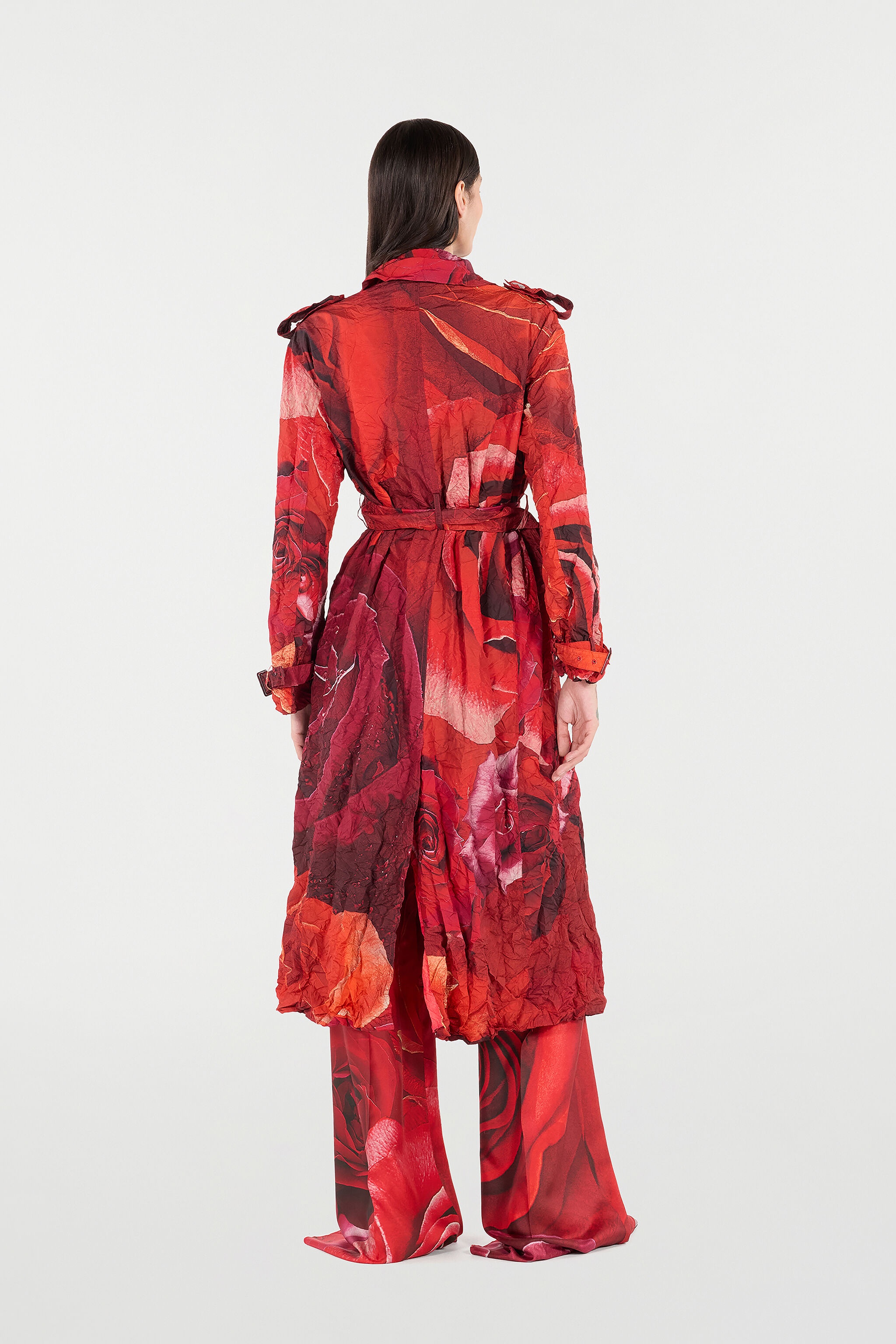 Long Crinkle-Effect Trench Coat With Rose Print - 4