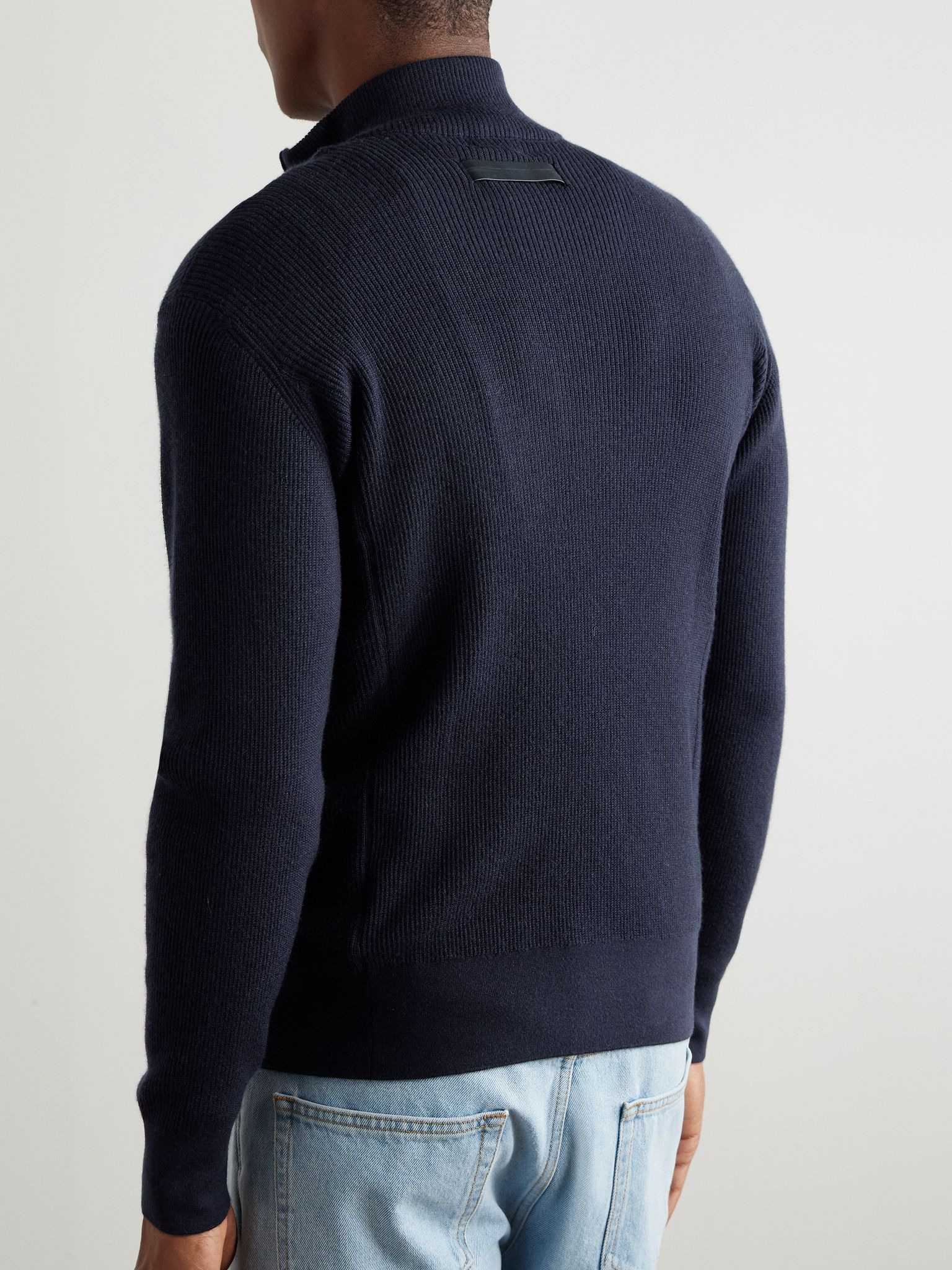 Ribbed Cashseta Zip-Up Sweater Navy - 3