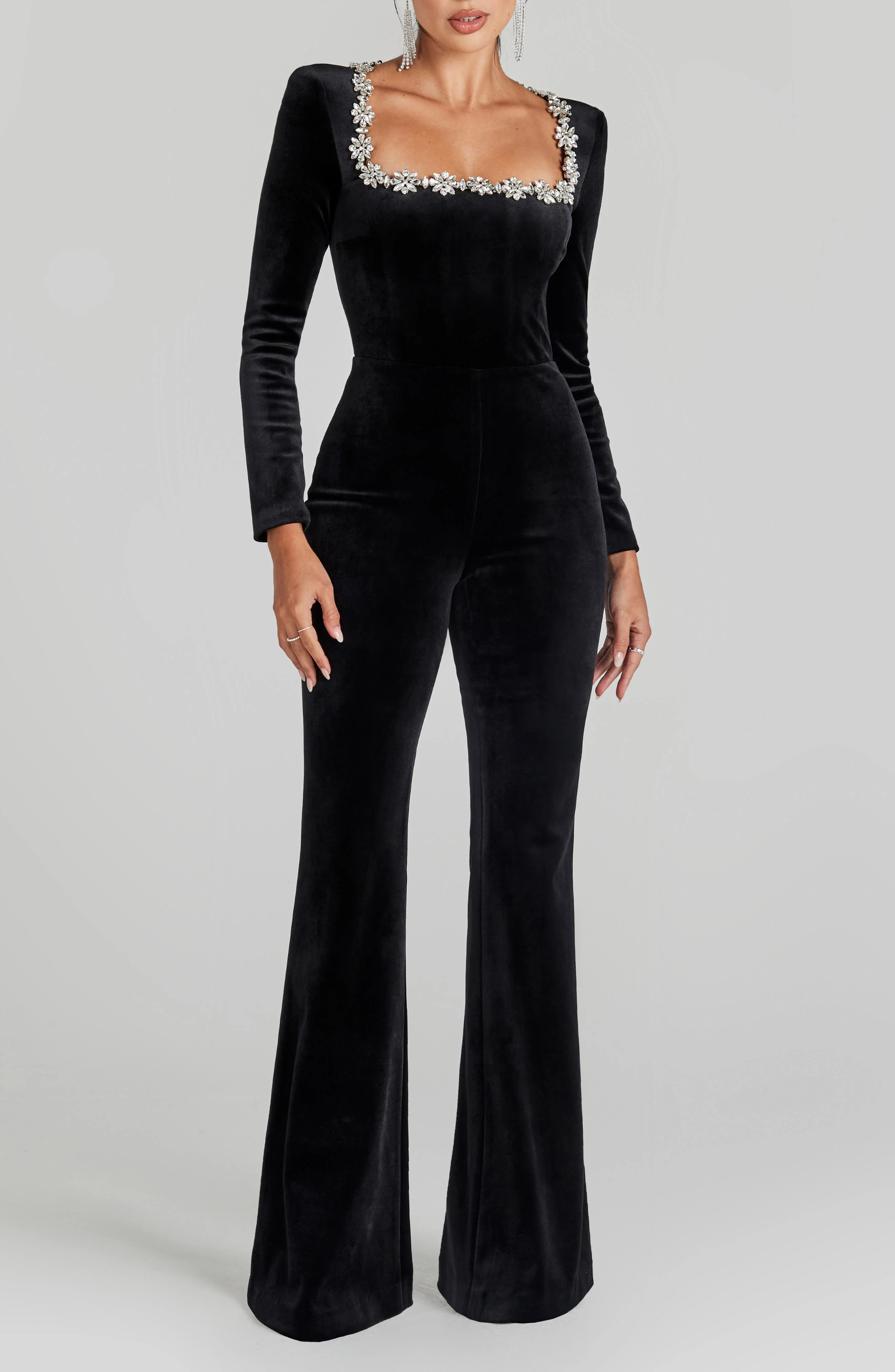 NADINE MERABI Kimberly Rhinestone Trim Velvet Jumpsuit in Black at Nordstrom - 1