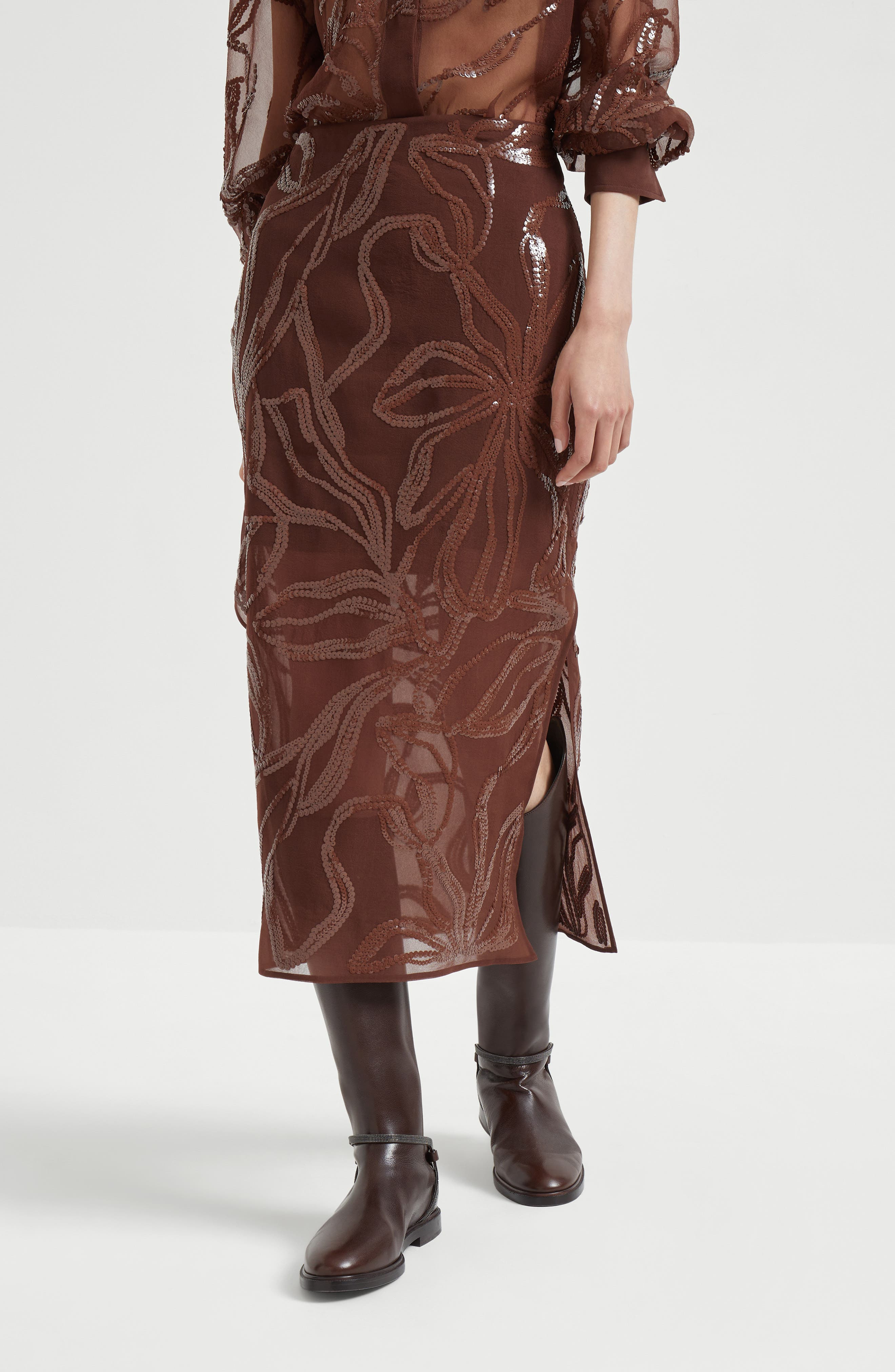 Brunello Cucinelli Skirt with dazzling floral embroidery in Brown at Nordstrom - 2