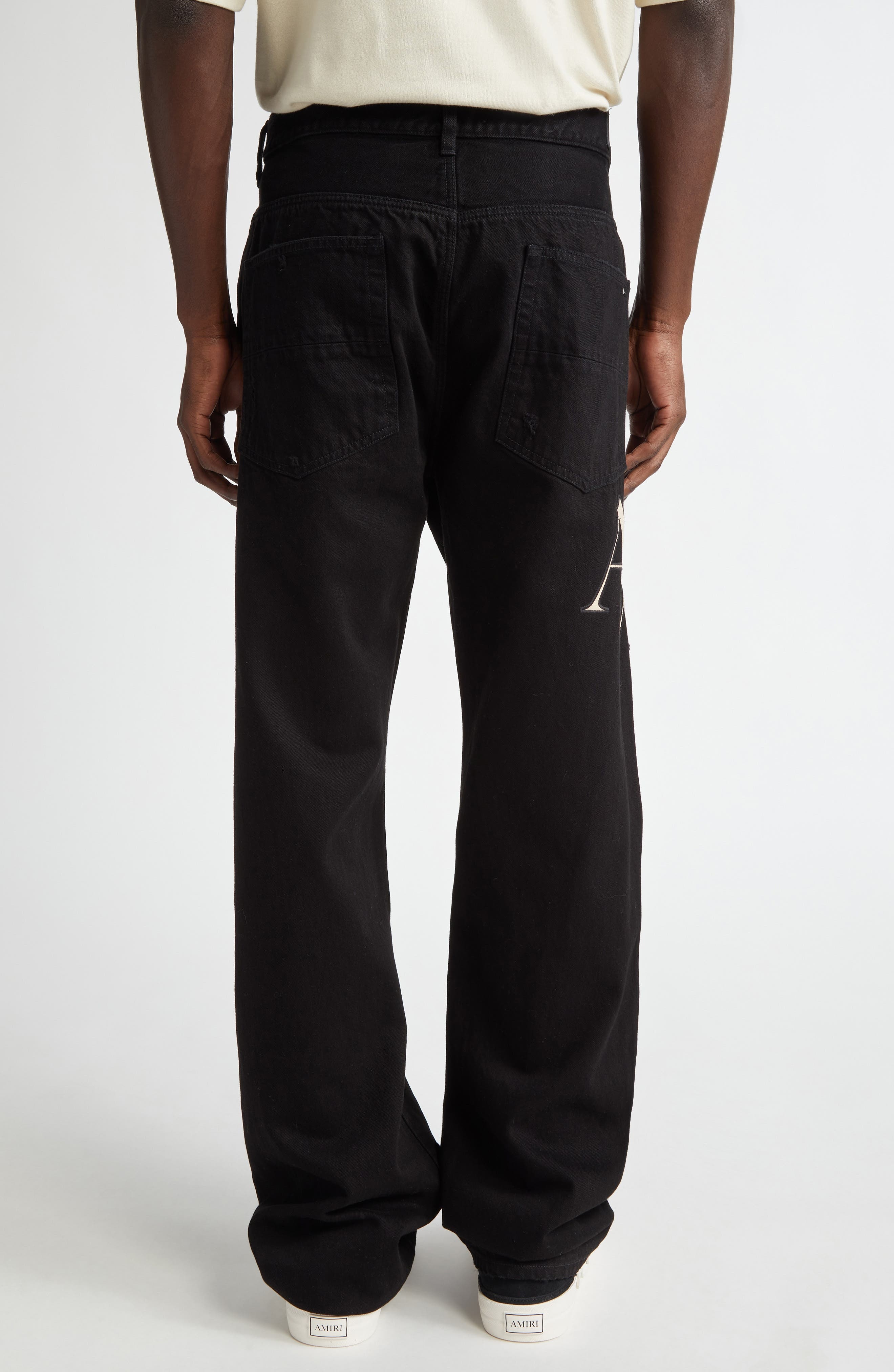AMIRI Staggered Logo Nonstretch Denim Straight Leg Jeans in Black Od at Nordstrom - 3