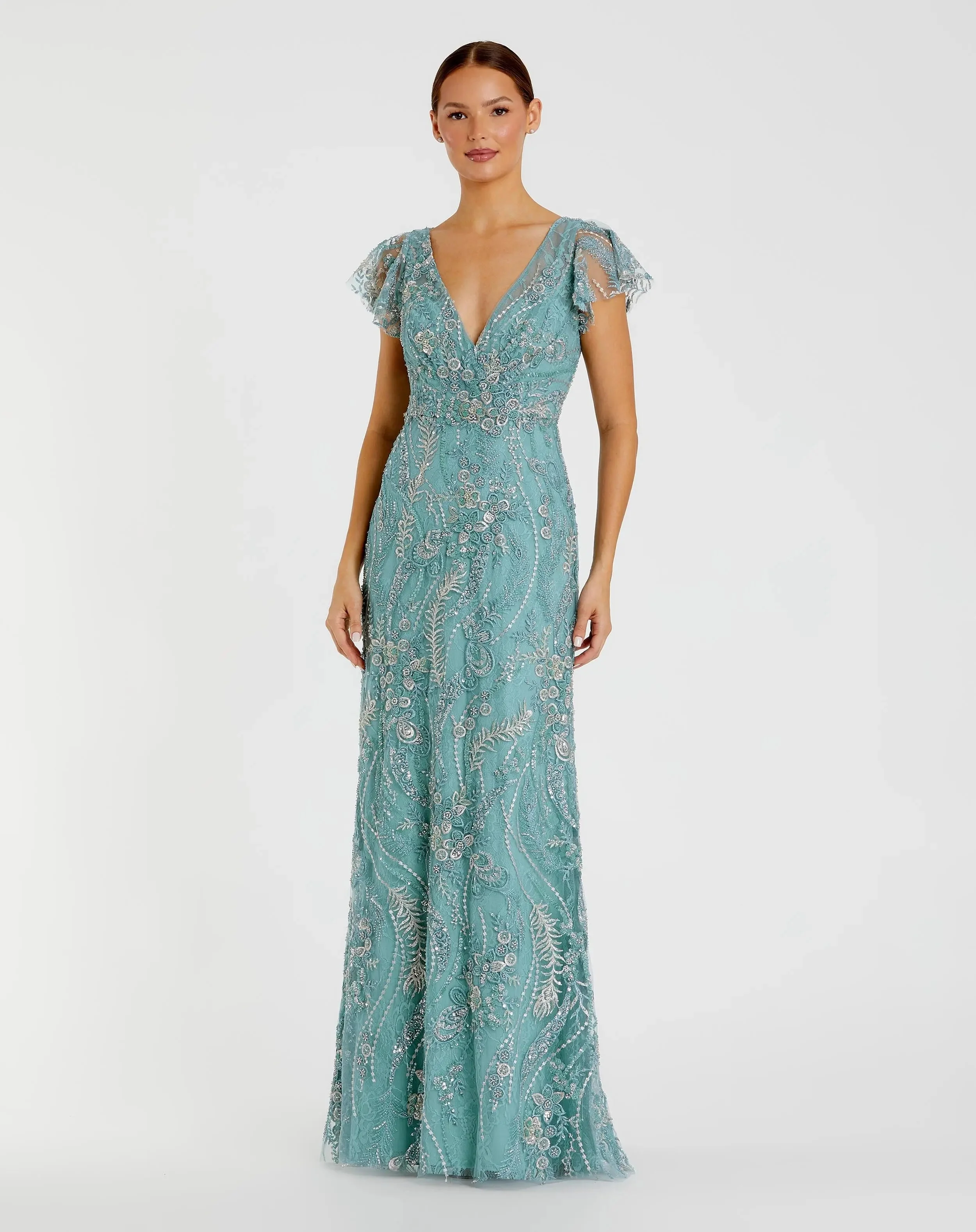 Blue V Neck Flutter Sleeve Embroidered Lace Gown - 1