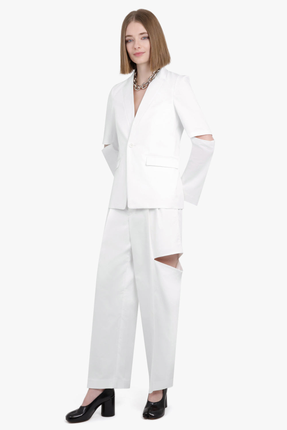 SINGLE BREASTED ARM SLIT DETAIL BLAZER | WHITE - 3