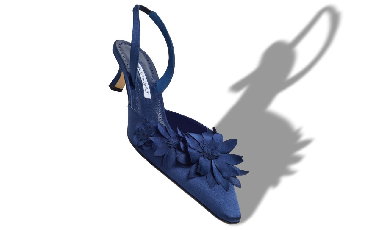 Navy Blue Crepe Satin Slingback Pumps - 2