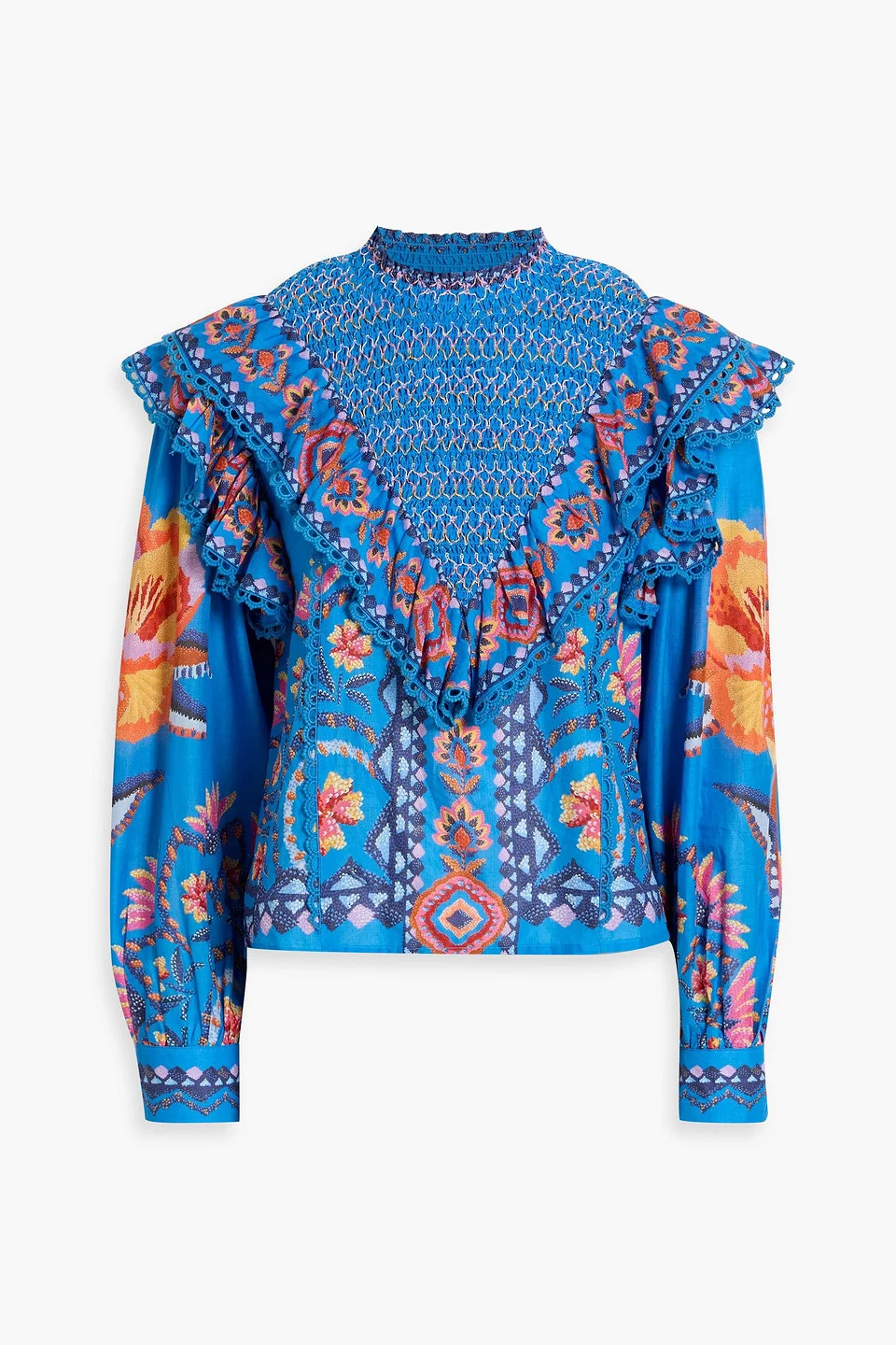 Ruffled smocked printed cotton-voile blouse - 1