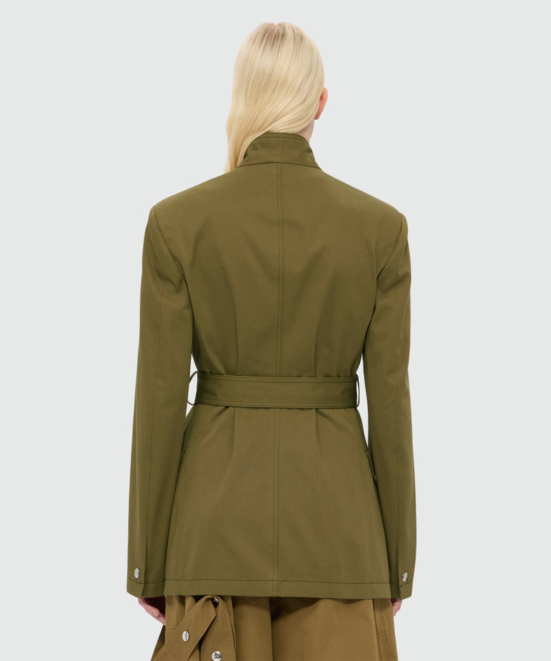 Military green double-breasted cotton gabardine jacket with belt and visible metal buttons 3