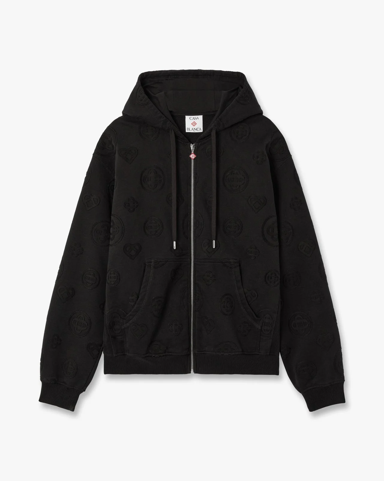 Black Applique Monogram Zip-Up Hooded Sweatshirt | Casablanca Paris - 1