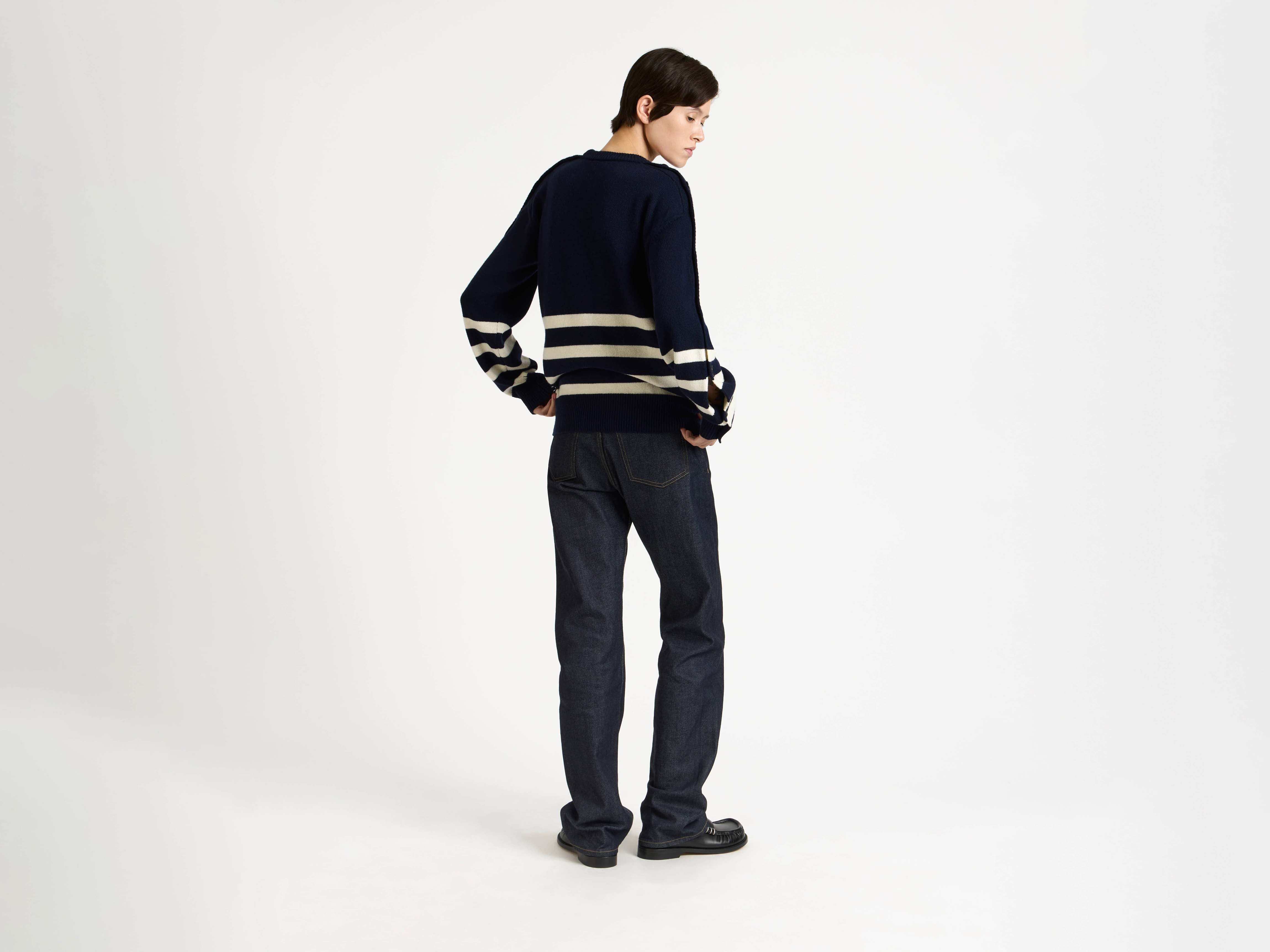 BUTTONED SLEEVE BRETON JUMPER IN NAVY - 3