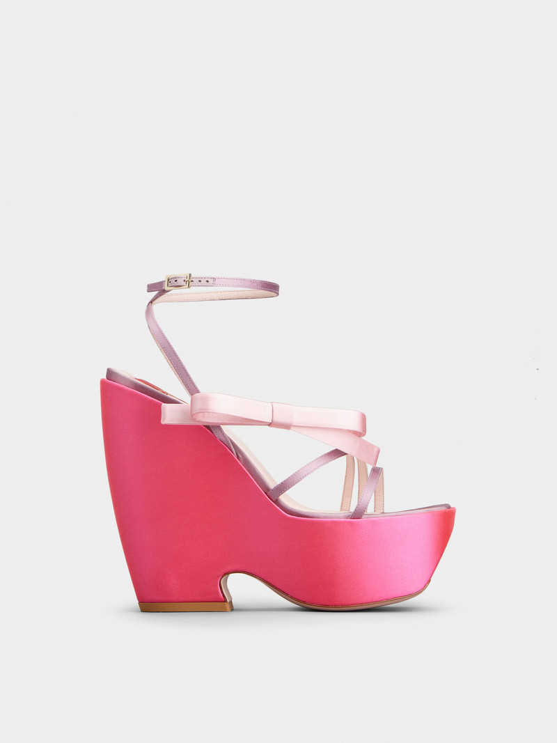 Choc Bow Wedge Sandals in Satin - 1