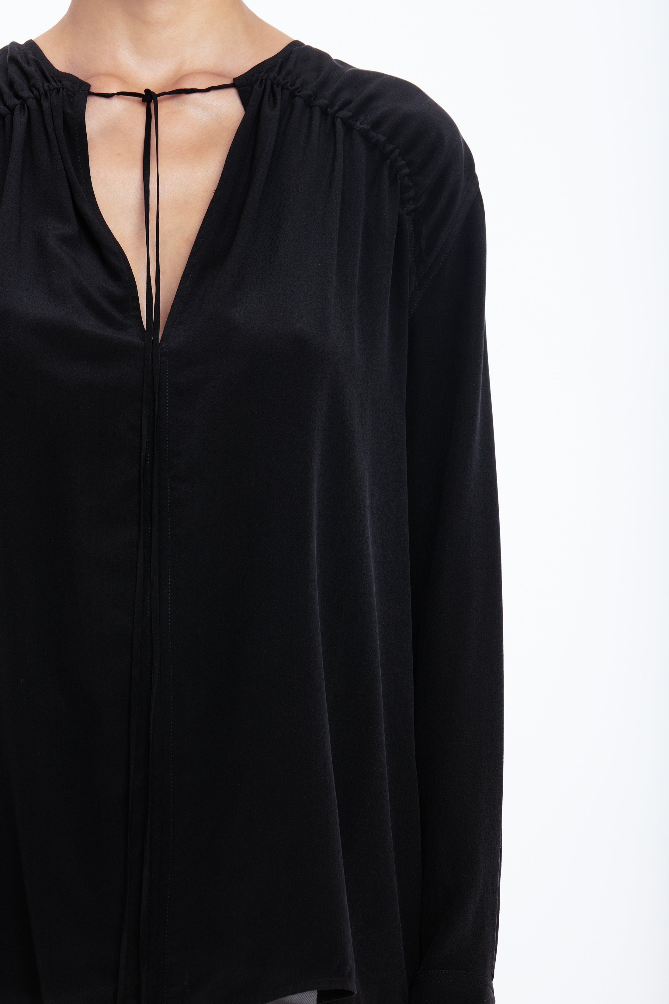 Gather Detail Tie Blouse In Black - 5