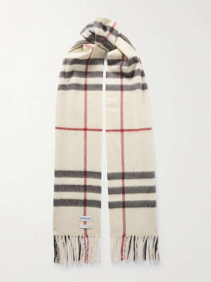 Fringed checked cashmere scarf Beige - 1