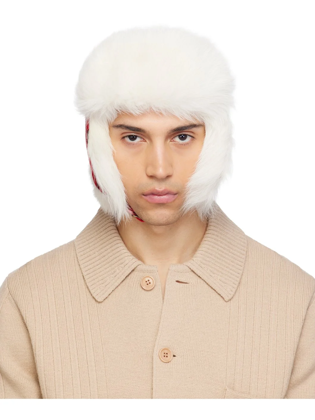 Red & Off-White Check Wool Trapper Hat - 1