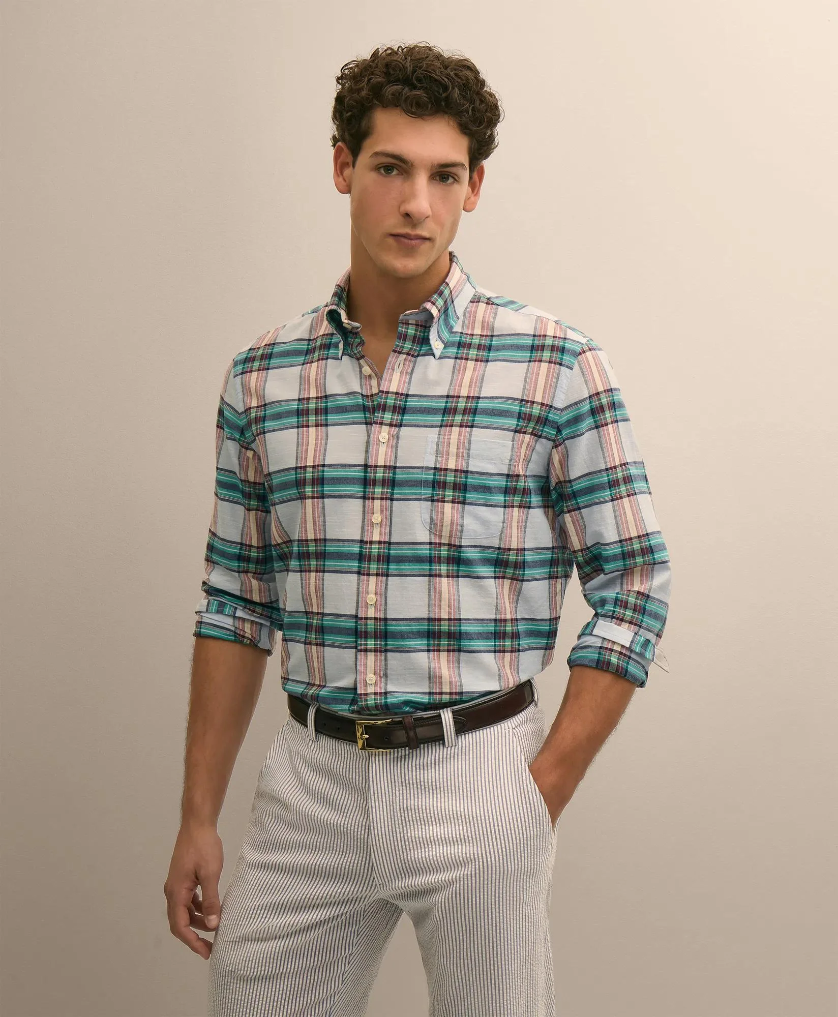 Cotton Madras Polo Button-Down Collar Shirt - 1