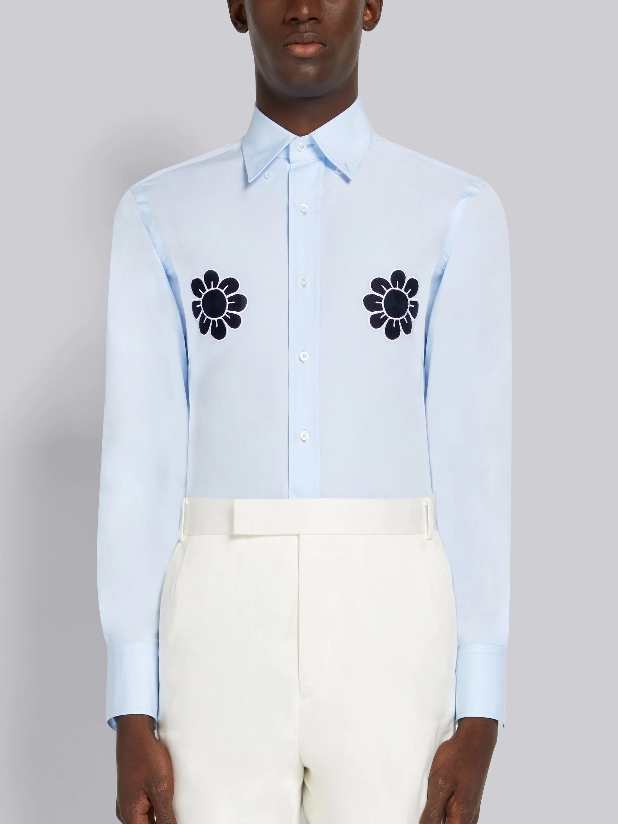 Light Blue Satin Stitch Floral Applique Classic Fit Shirt - 1