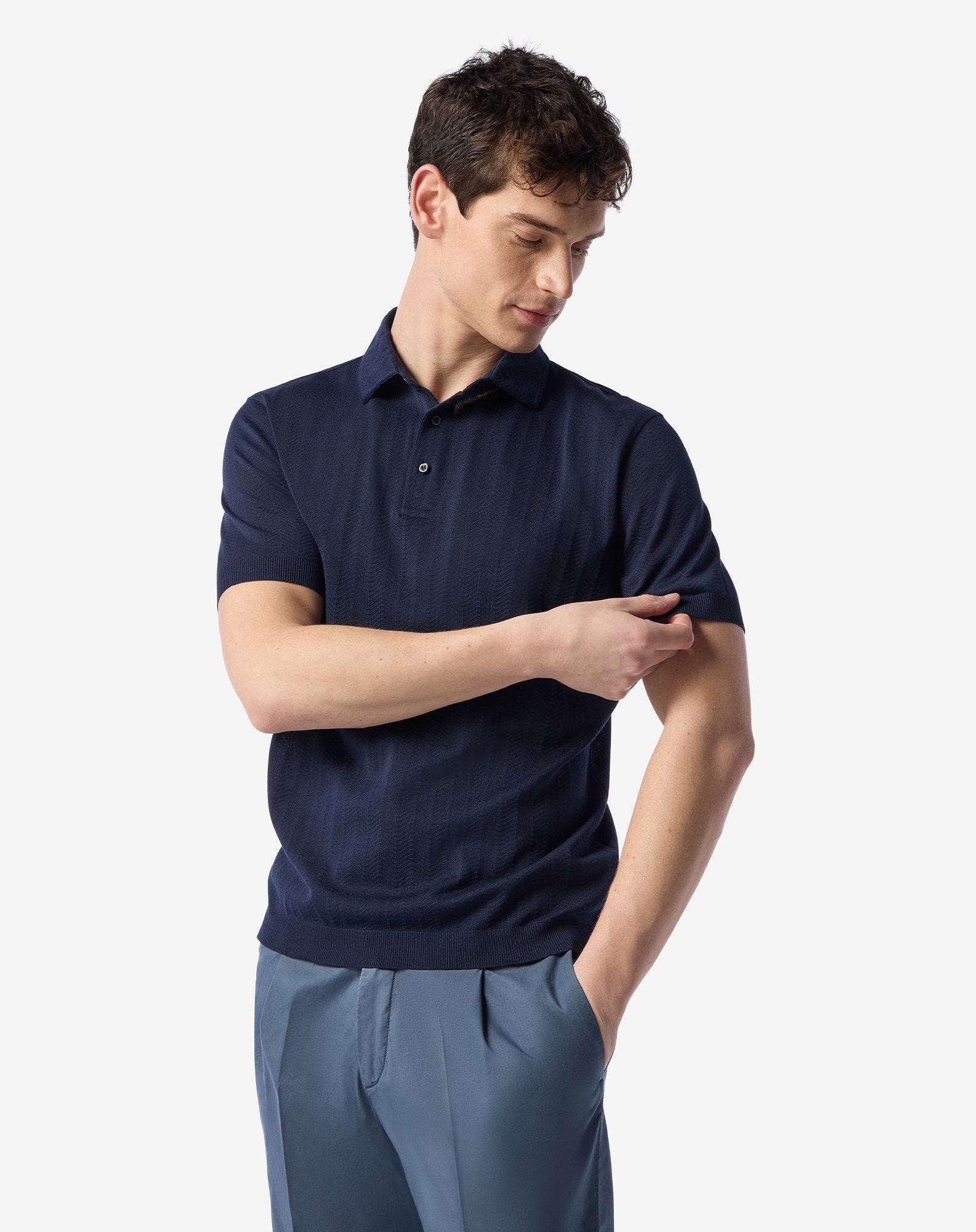 Navy blue button-up lisle thread polo shirt - 2