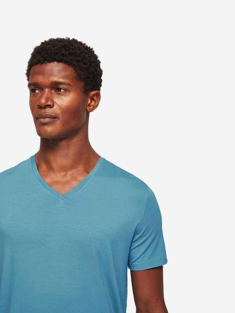 Derek Rose Men's V-Neck T-Shirt Basel Micro Modal Stretch Harbour Blue outlook