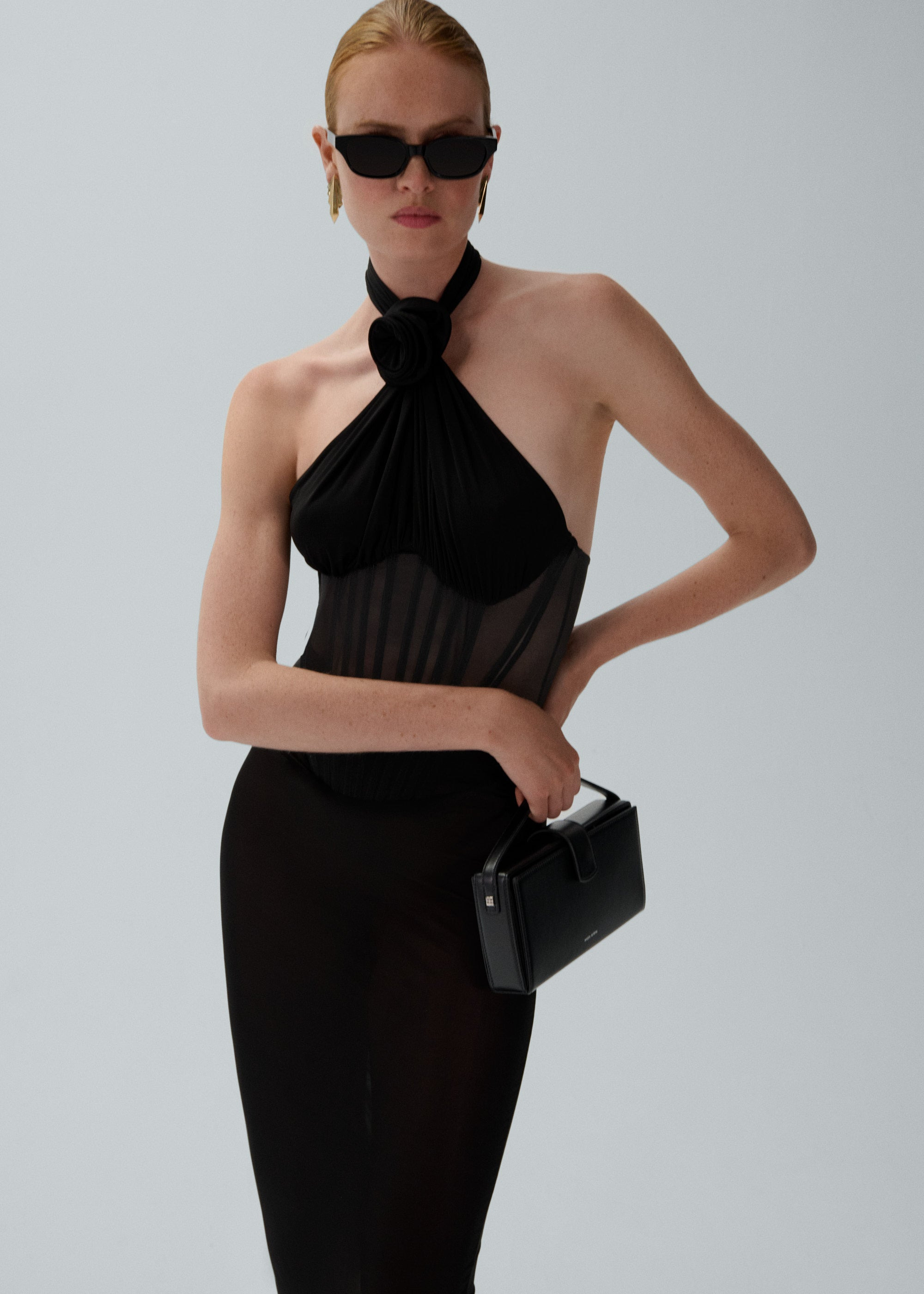 Sheer halter bustier midi dress in black - 5