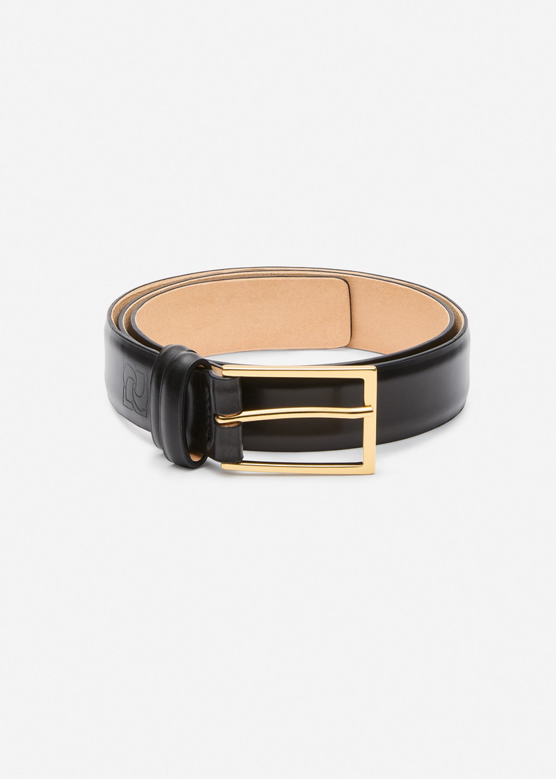 Rectangular buckle leather belt in black and gold 1
