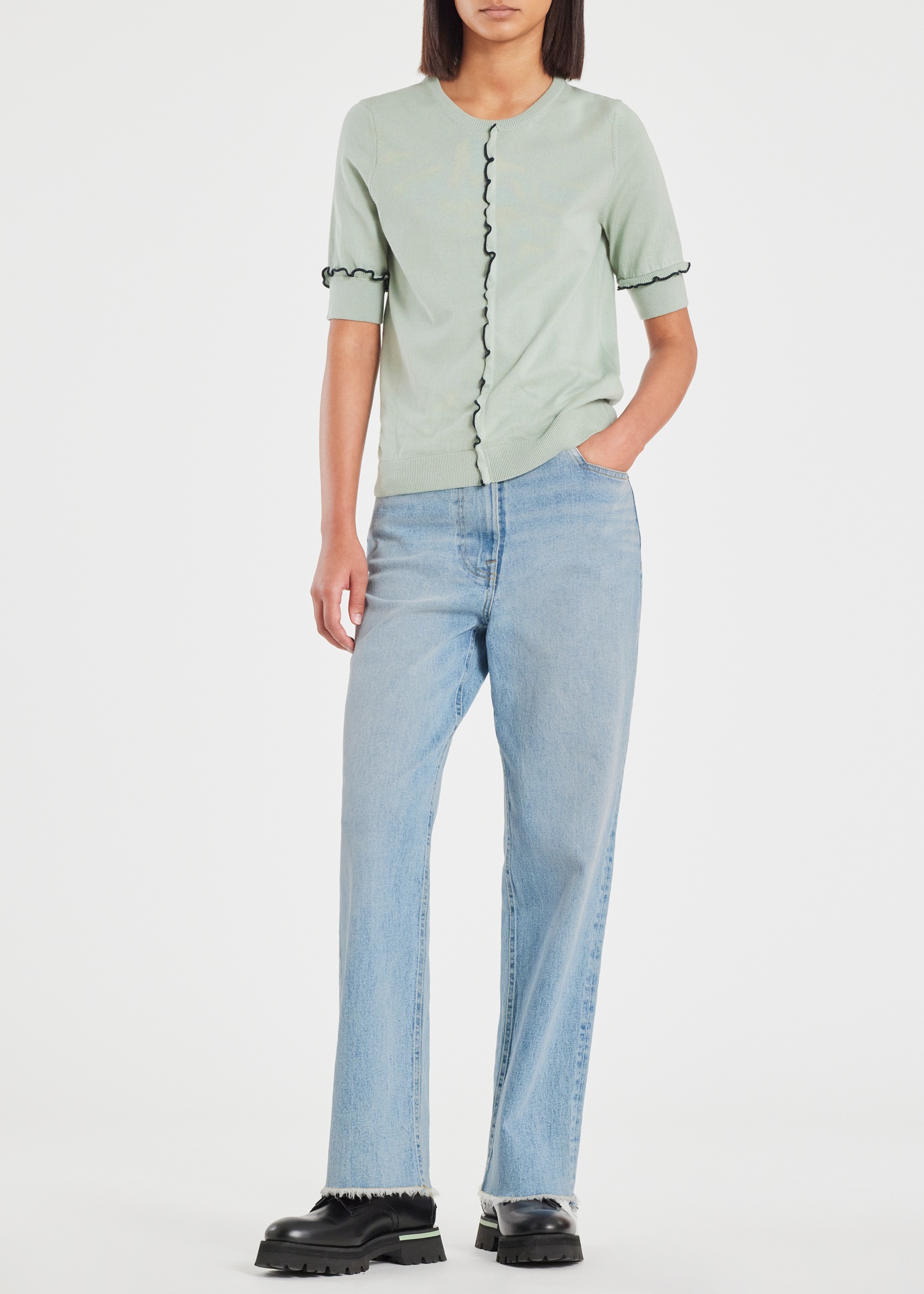 Women's Wide Leg Jeans With Frayed Hem - 5