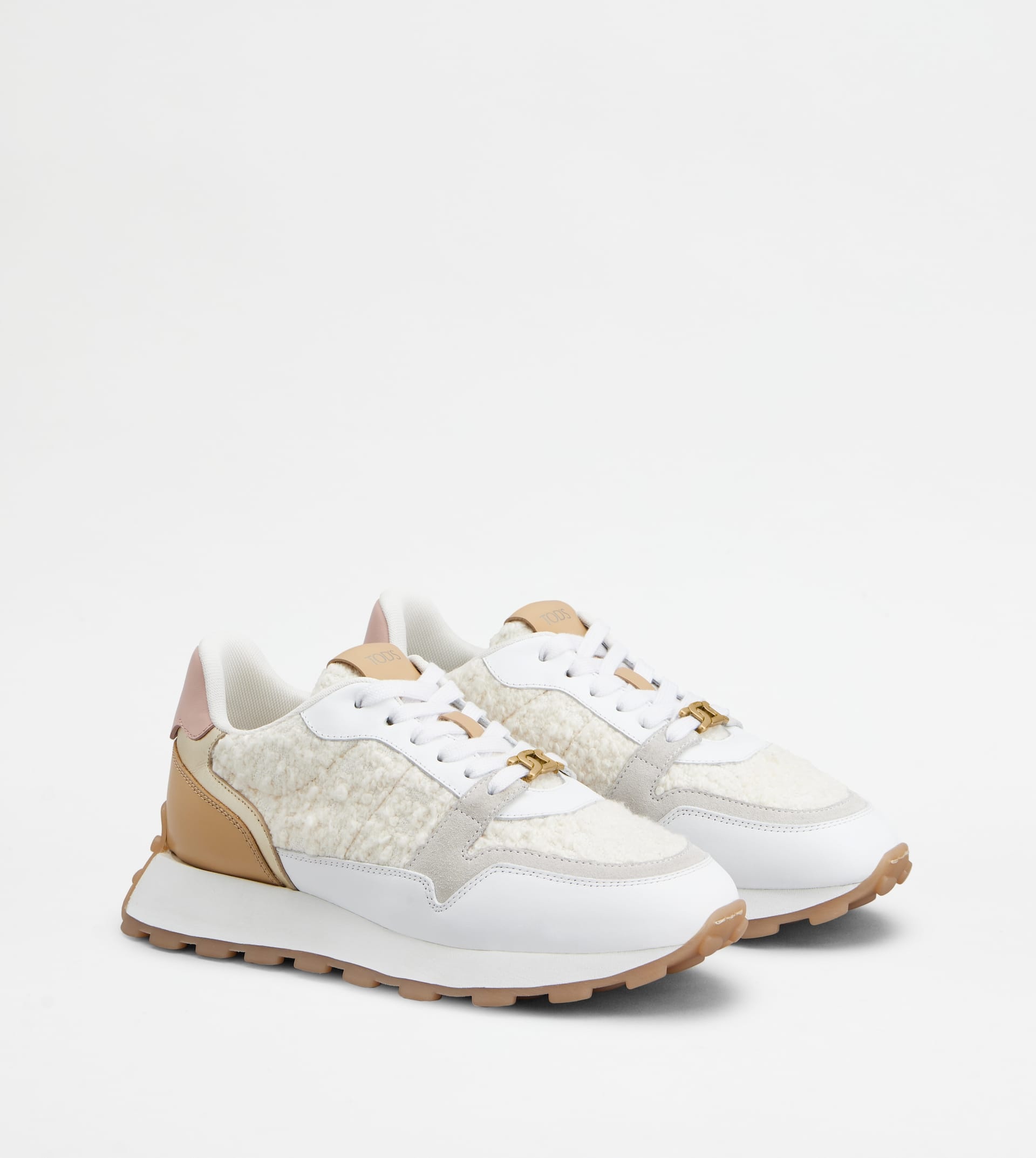 SNEAKERS IN LEATHER AND BOUCLÉ FABRIC - BEIGE, WHITE, PINK - 3
