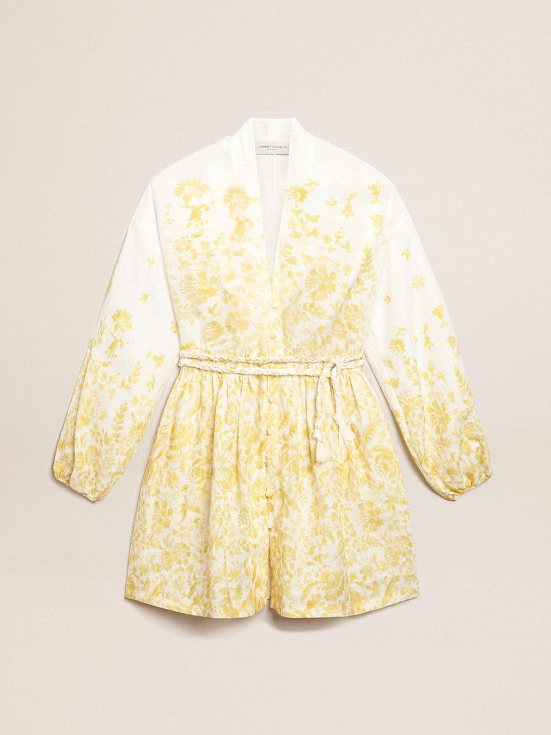 Resort Collection Mini Dress in linen with lemon yellow print 1