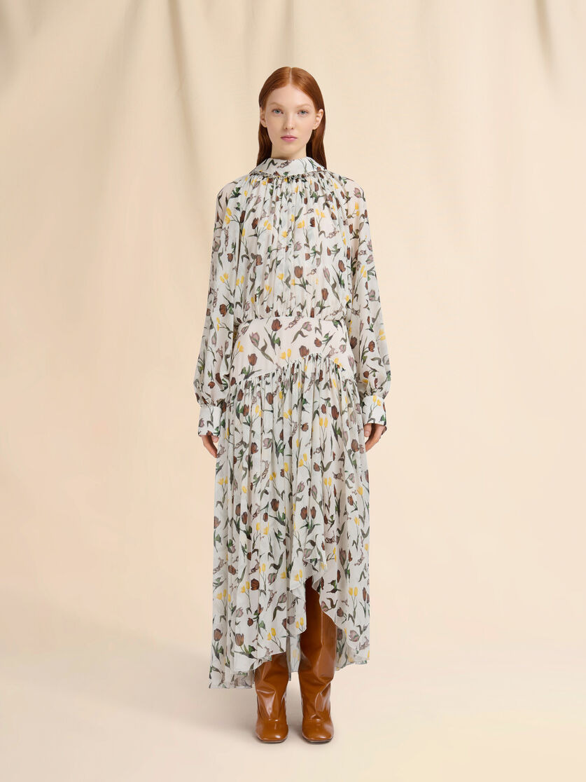 CREAM CHIFFON DRESS WITH TULIPS AND HARES PRINT - 2