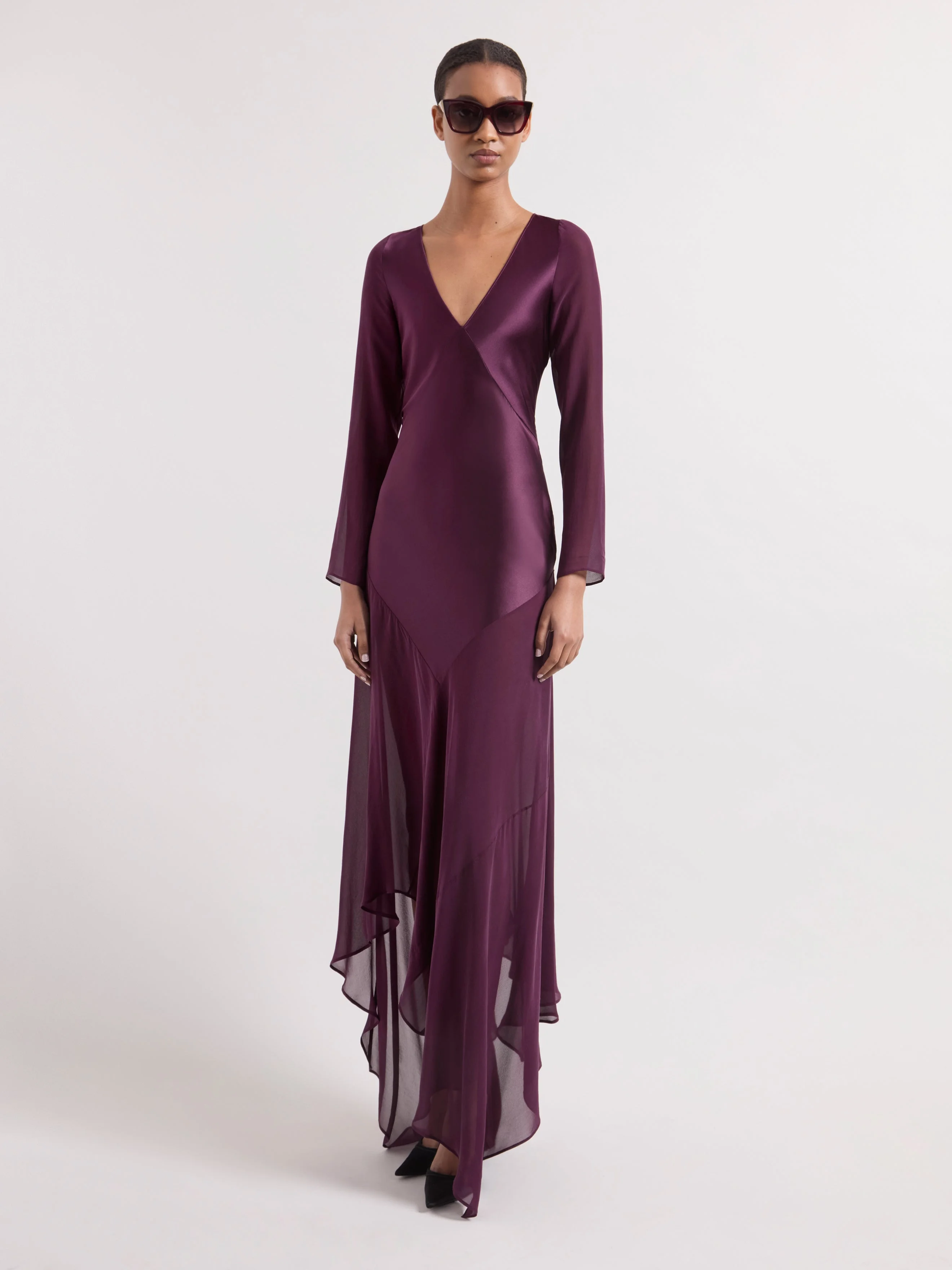 Burgundy Long Sleeved Maxi Silk Dress - 1