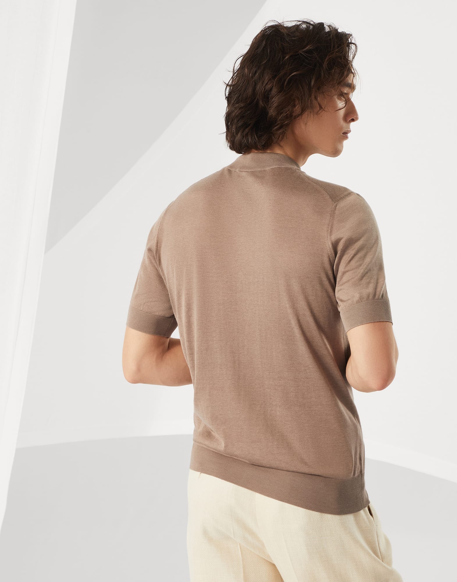 Extra-light silk and cotton knit T-shirt with mock neck - 2