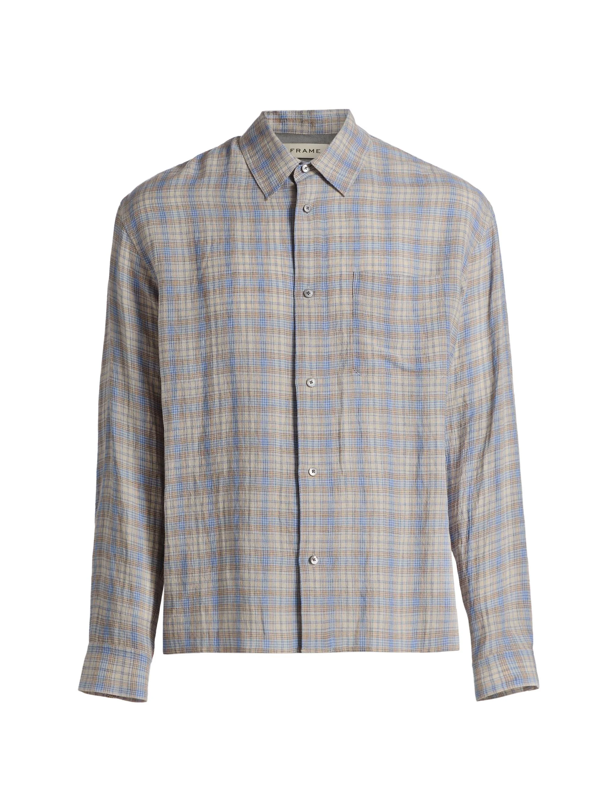 Men's Lightweight Plaid Button-Front Shirt - Cream Blue Plaid - 1
