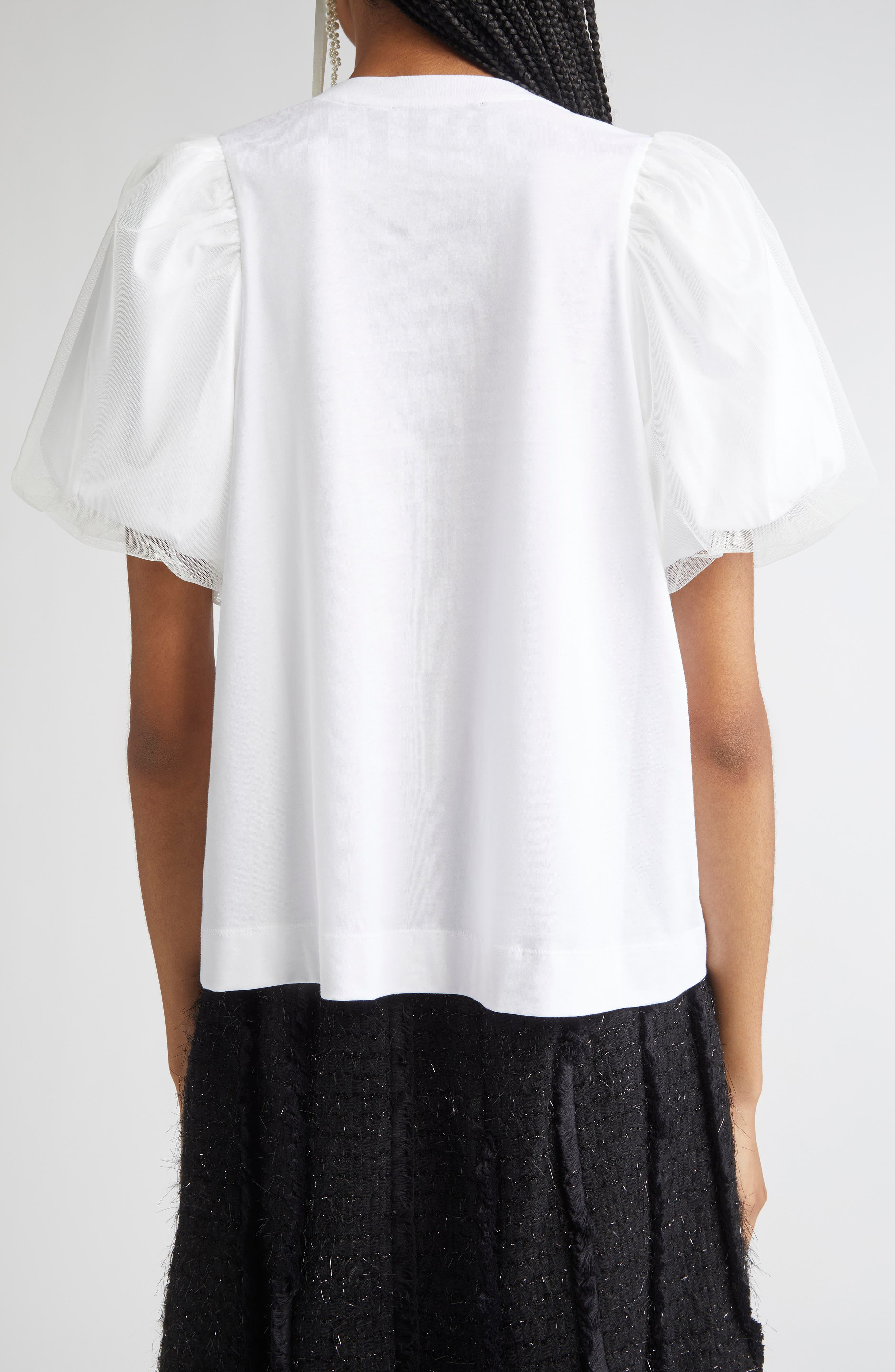Simone Rocha Tulle Overlay Puff Sleeve T-Shirt with Faux Pearl Trim in White/Pearl at Nordstrom - 3