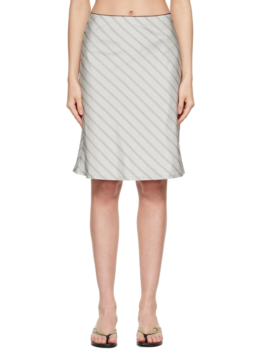 Gray Silk Stripes Midi Skirt - 1