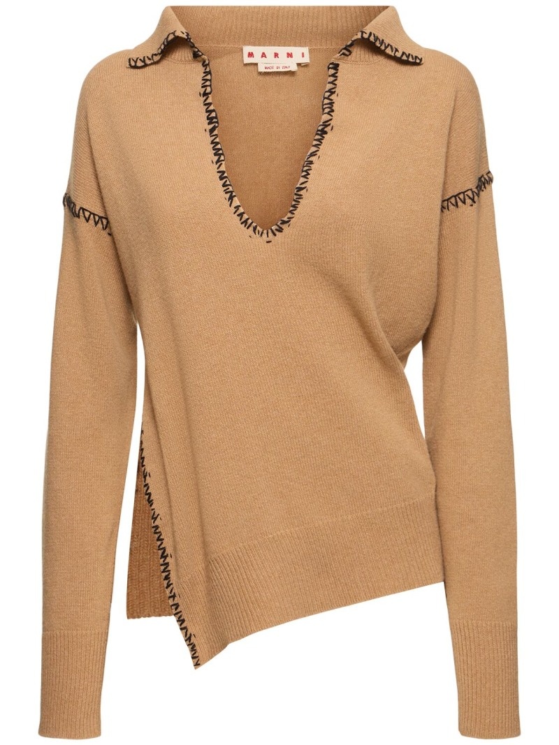 Wool & cashmere knit v neck polo sweater - 1