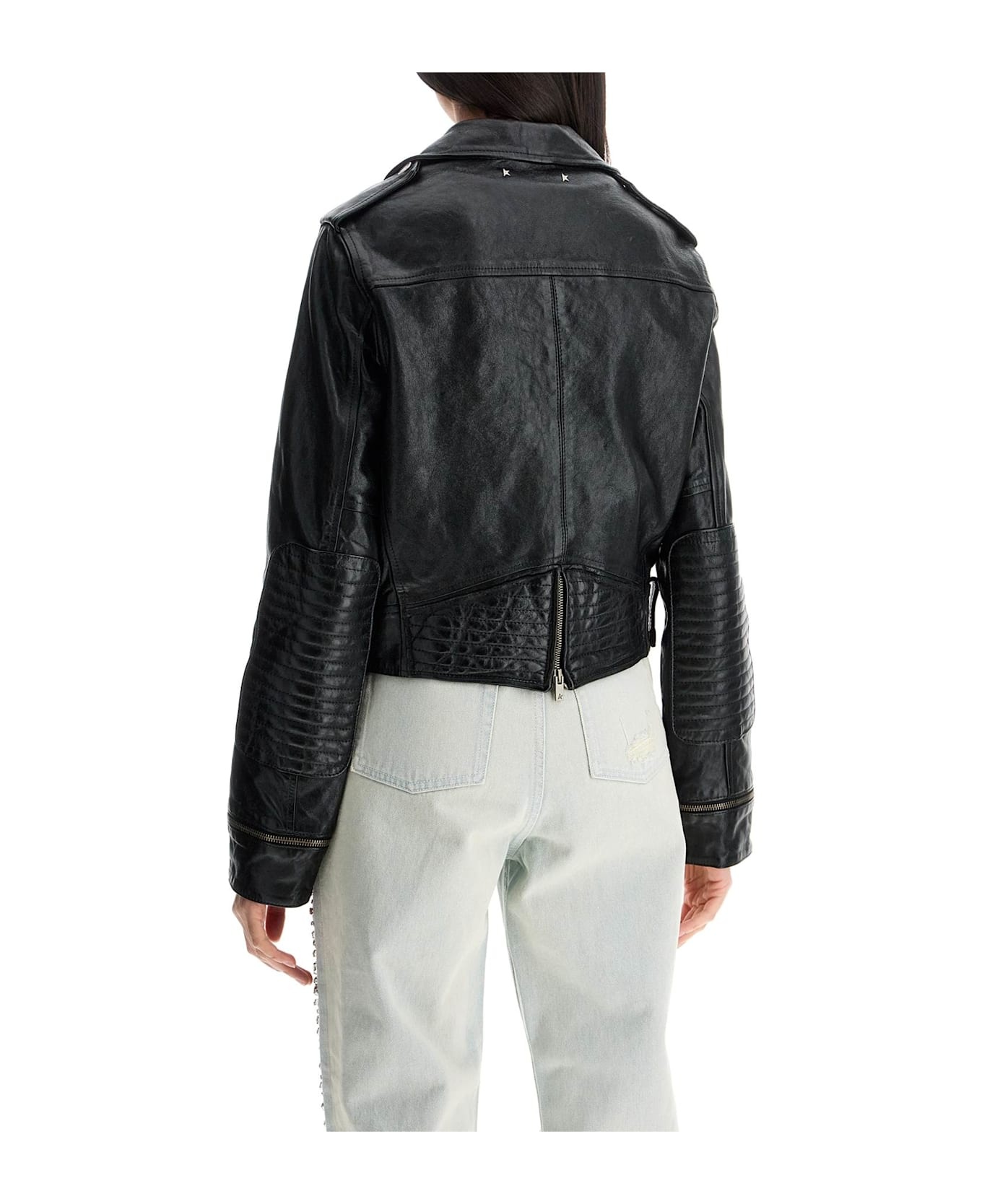 Shiny Black Sheepskin Biker Jacket With Sturdy Zip - 3