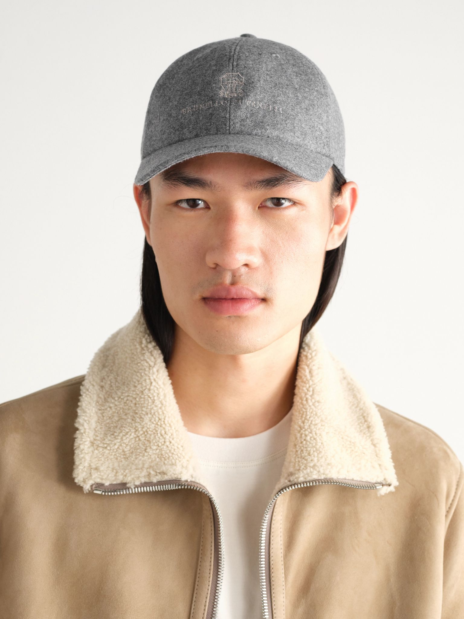 Logo-Embroidered Leather-Trimmed Wool-Flannel Baseball Cap Gray - 2