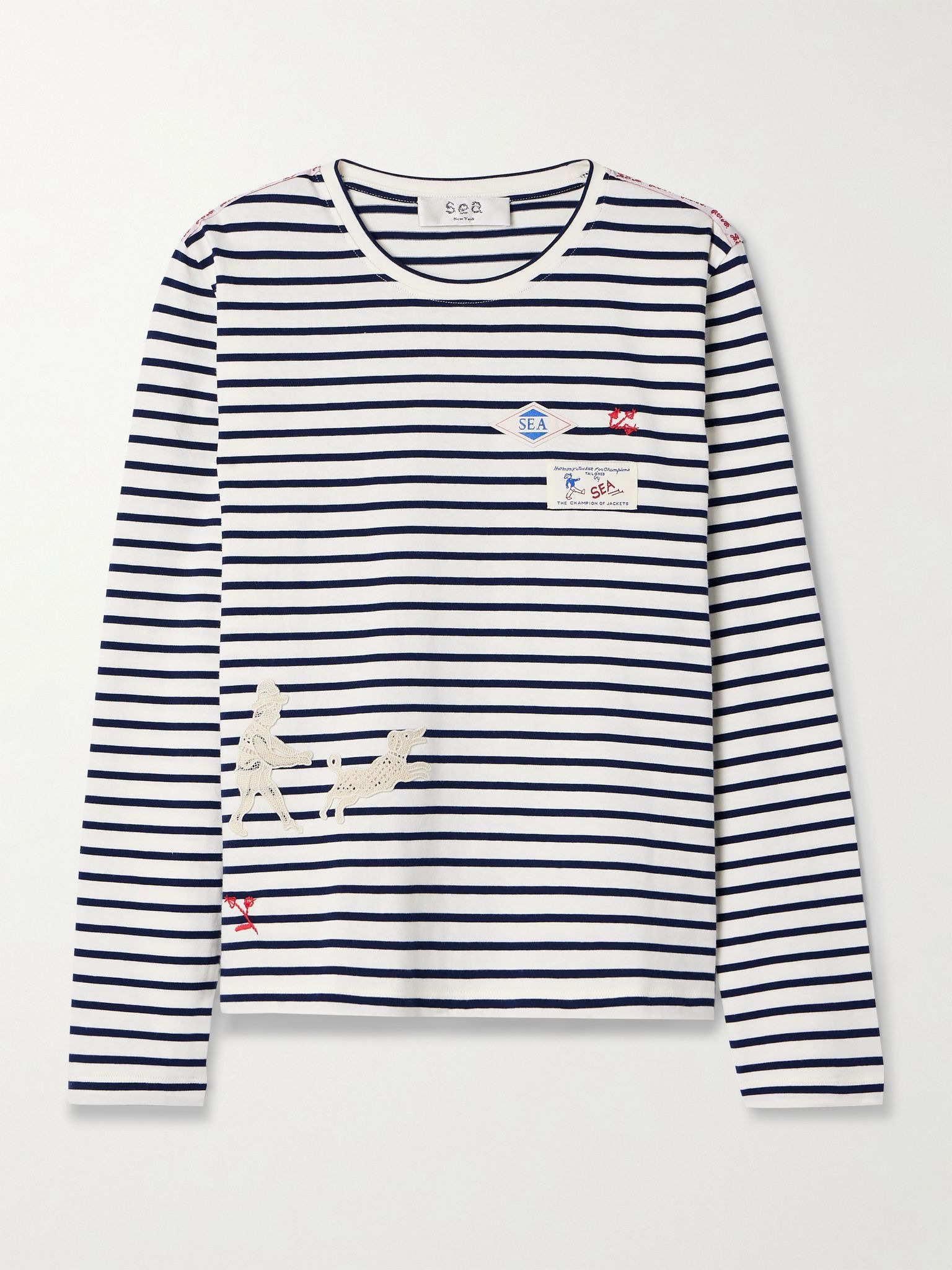 Athena appliquéd embroidered striped cotton-jersey T-shirt White - 1
