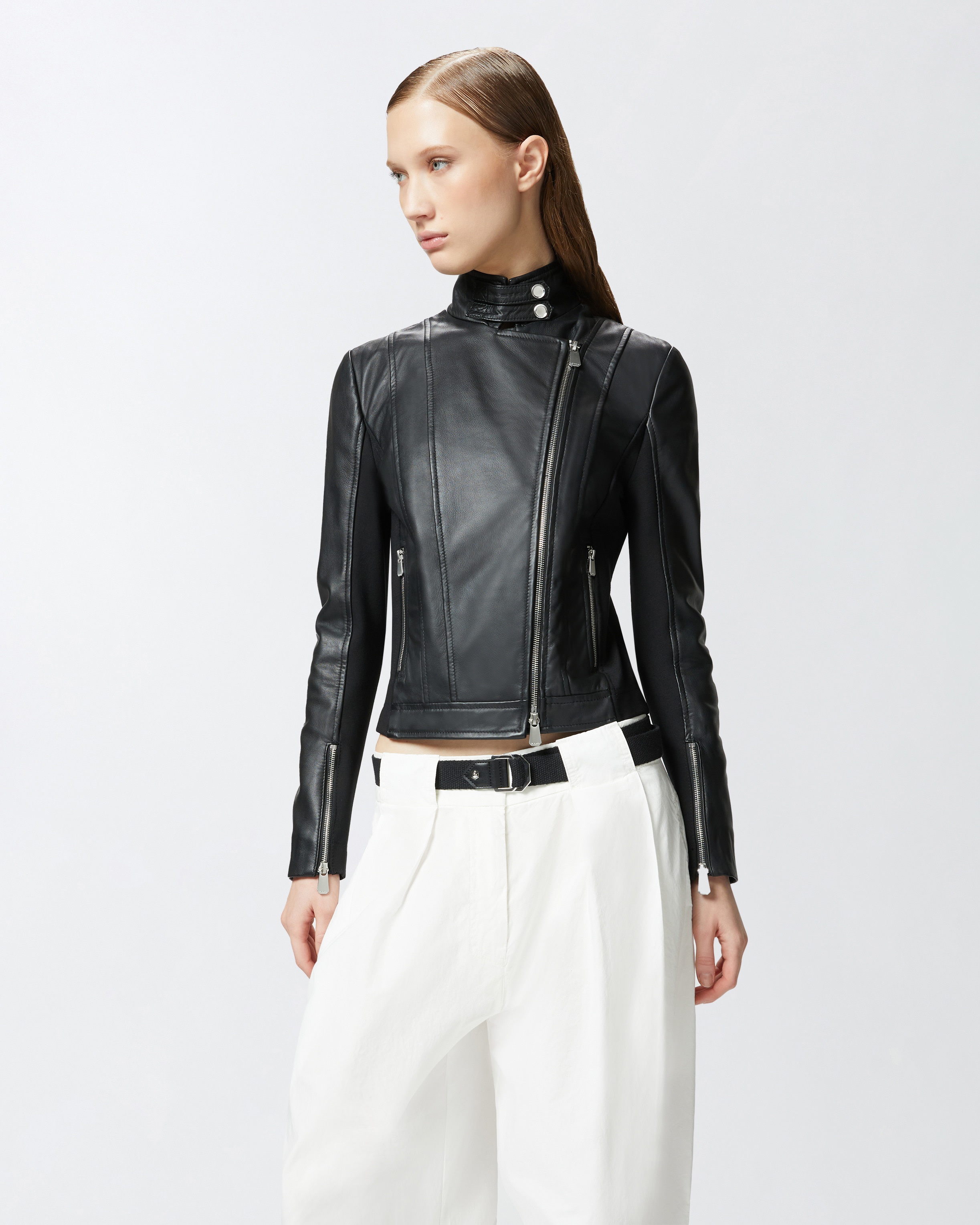 LEATHER BIKER JACKET WITH FABRIC BACK - 2