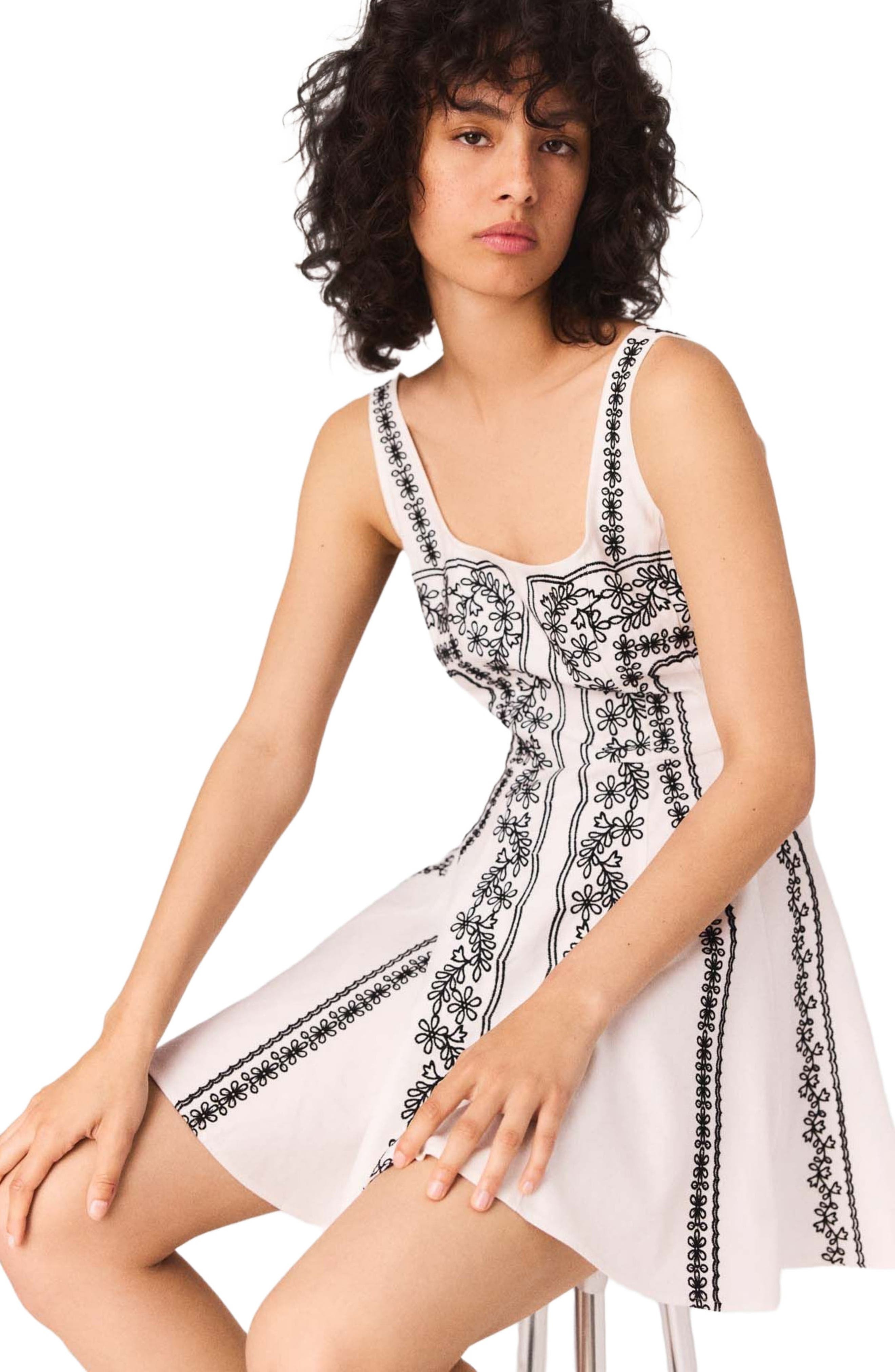 maje Mini embroidered strap dress in Ecru /Black at Nordstrom - 6