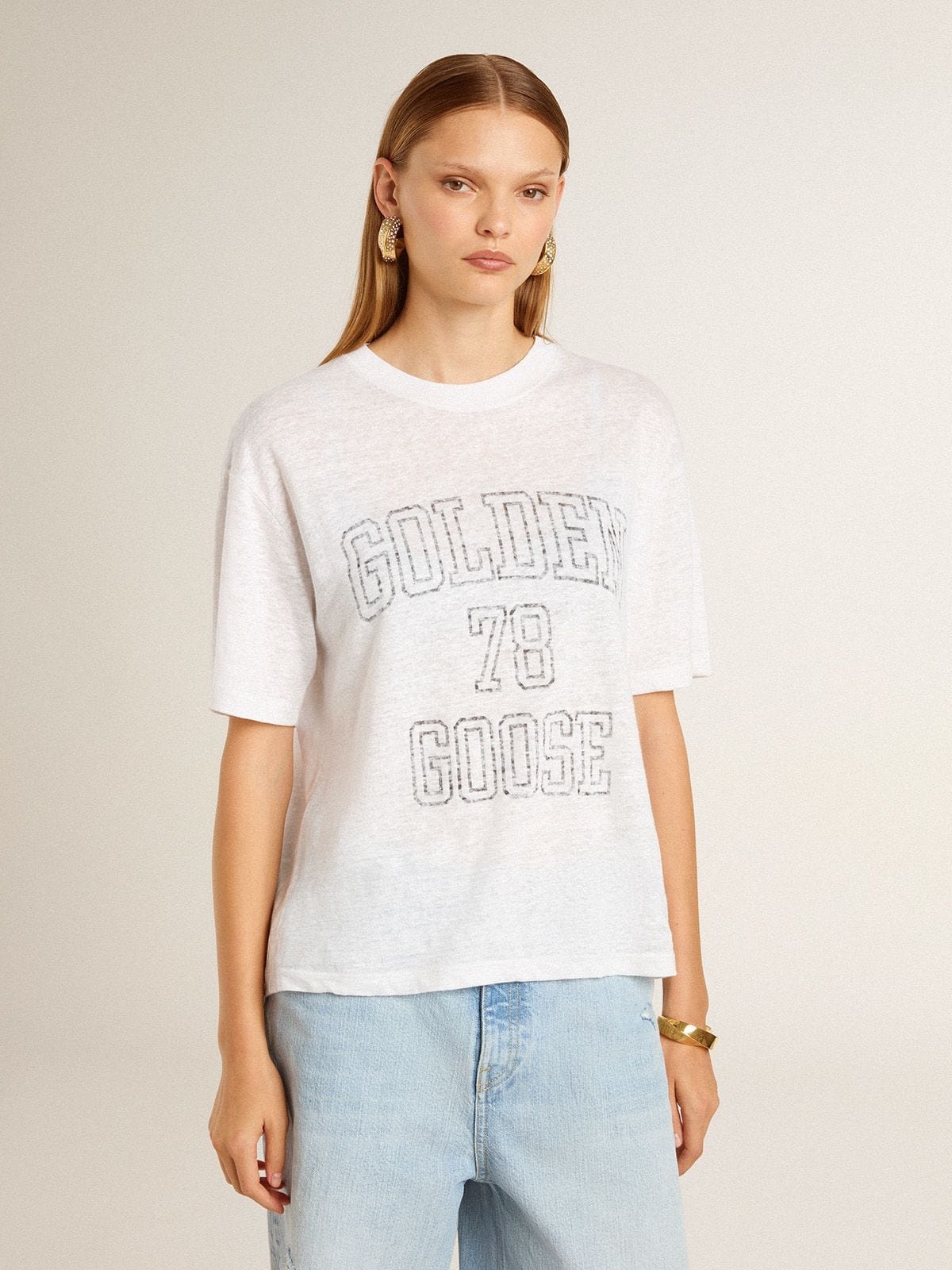 Women's lightweight white linen T-shirt with print - 2