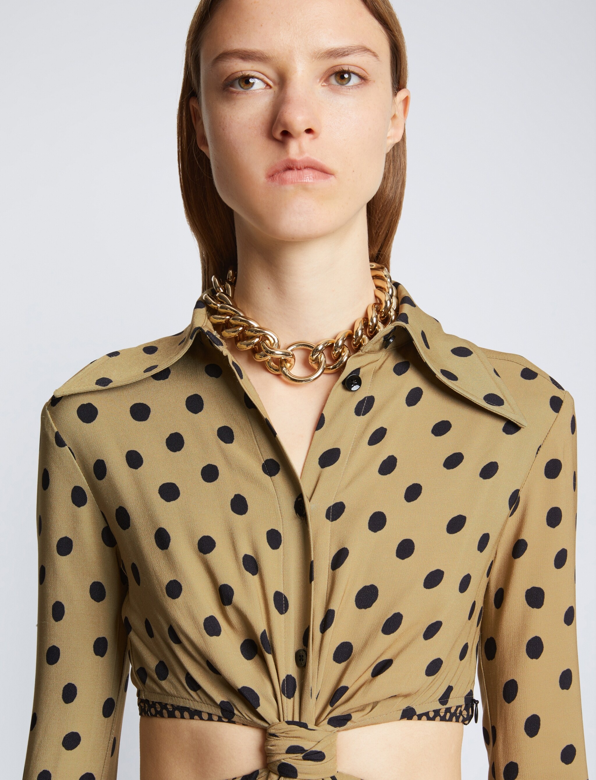 Printed Dot Cut Out Shirt Dress - 5