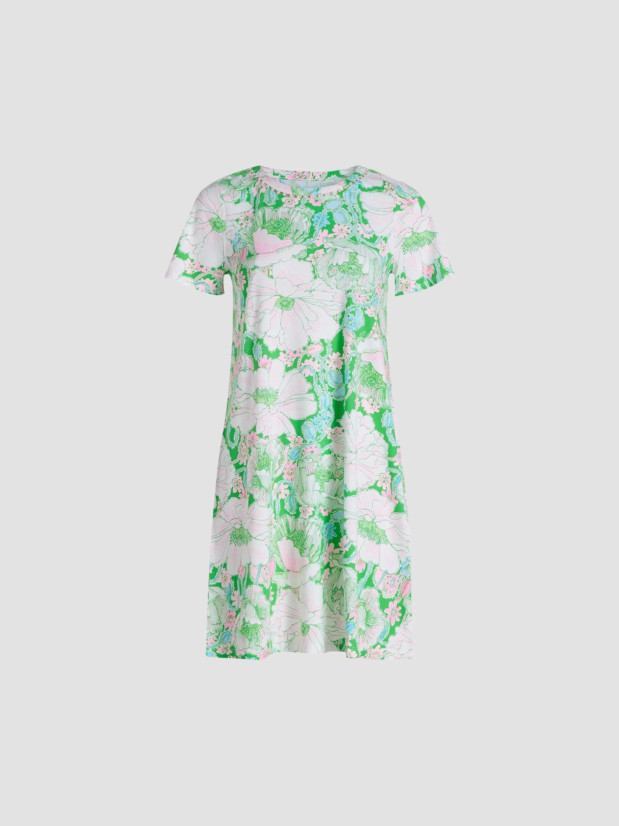 Women's Floral Cotton Embellished Midi-Dress - Putting Green Poppyland - 1