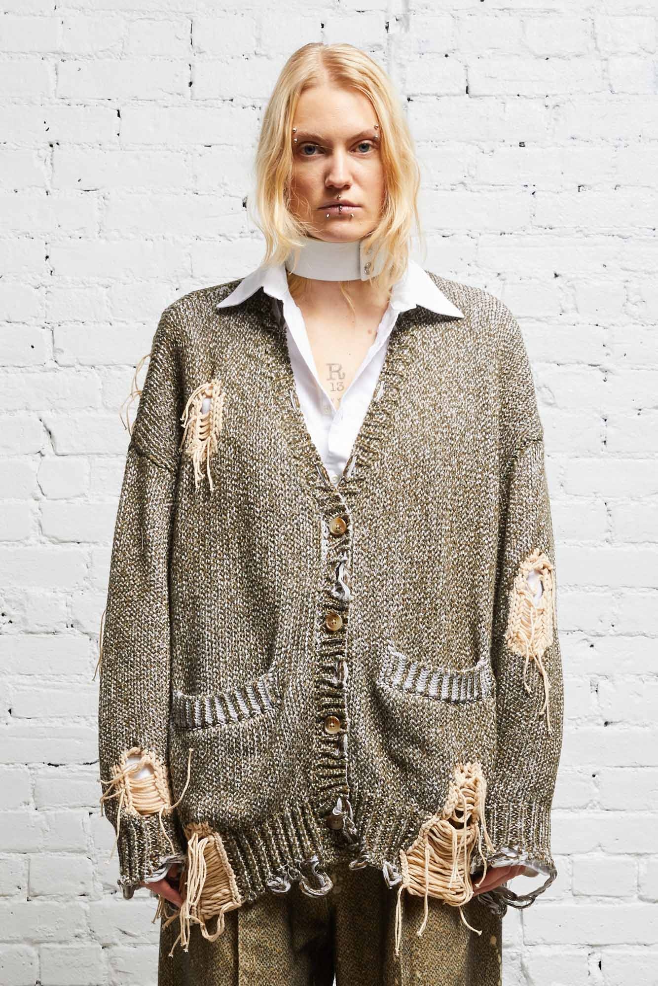 DISTRESSED JUMBO CARDIGAN - PRINTED TWEED