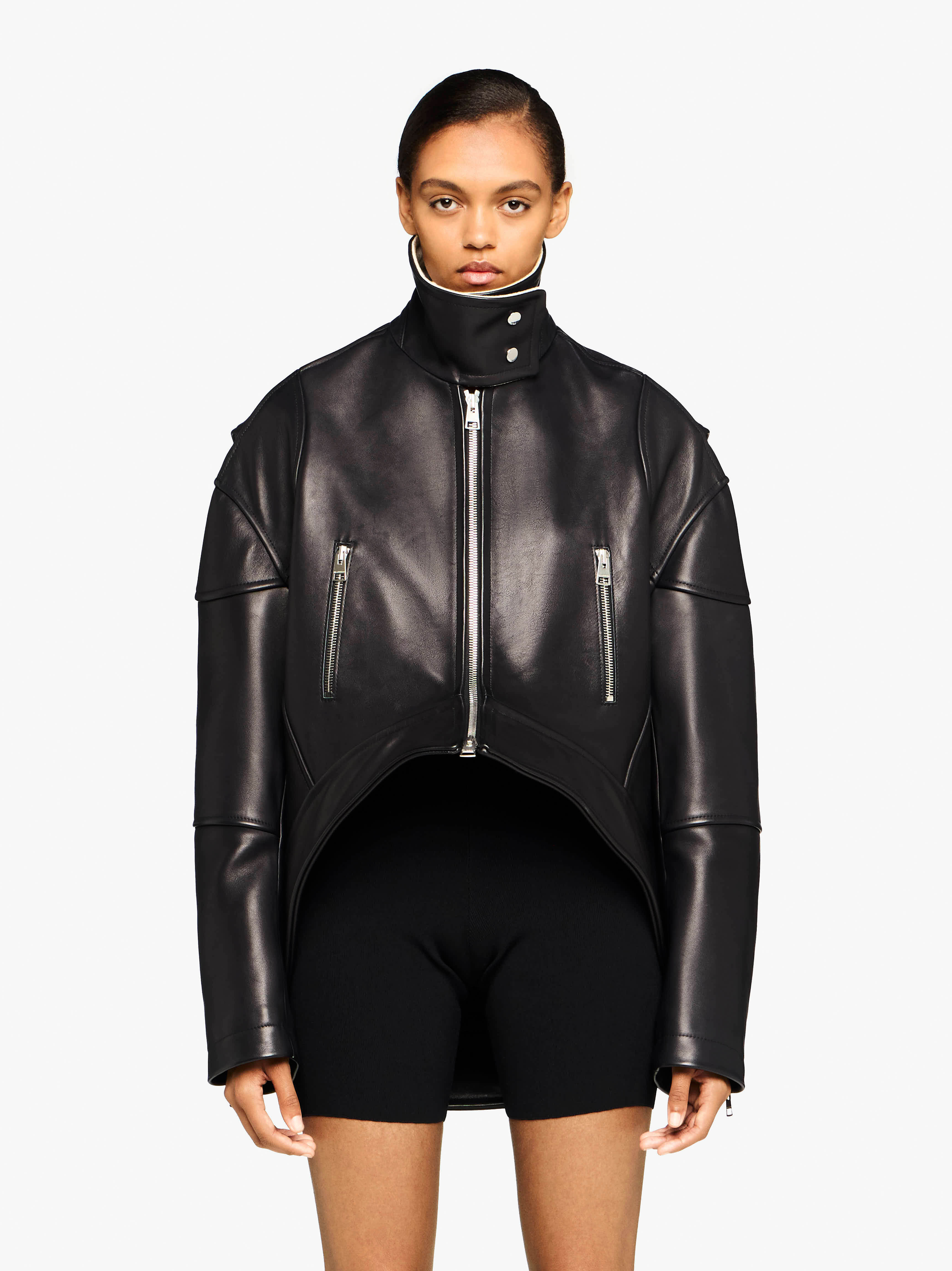 CURVED LEATHER HEM HIGH NECK JACKET - 2