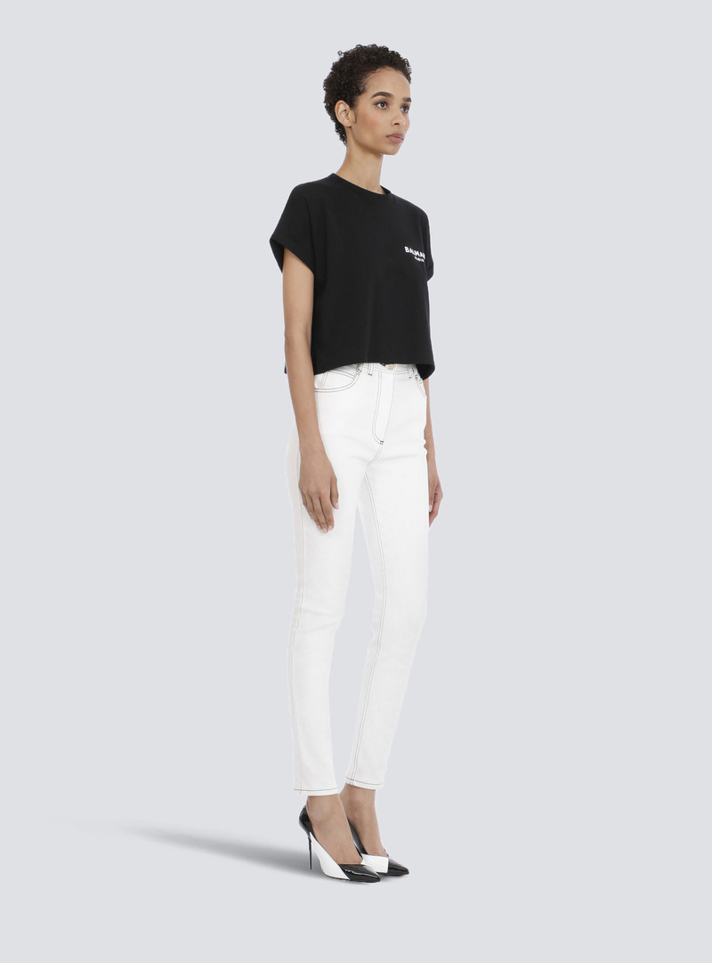 Cropped eco-designed cotton T-shirt with small flocked Balmain logo 6