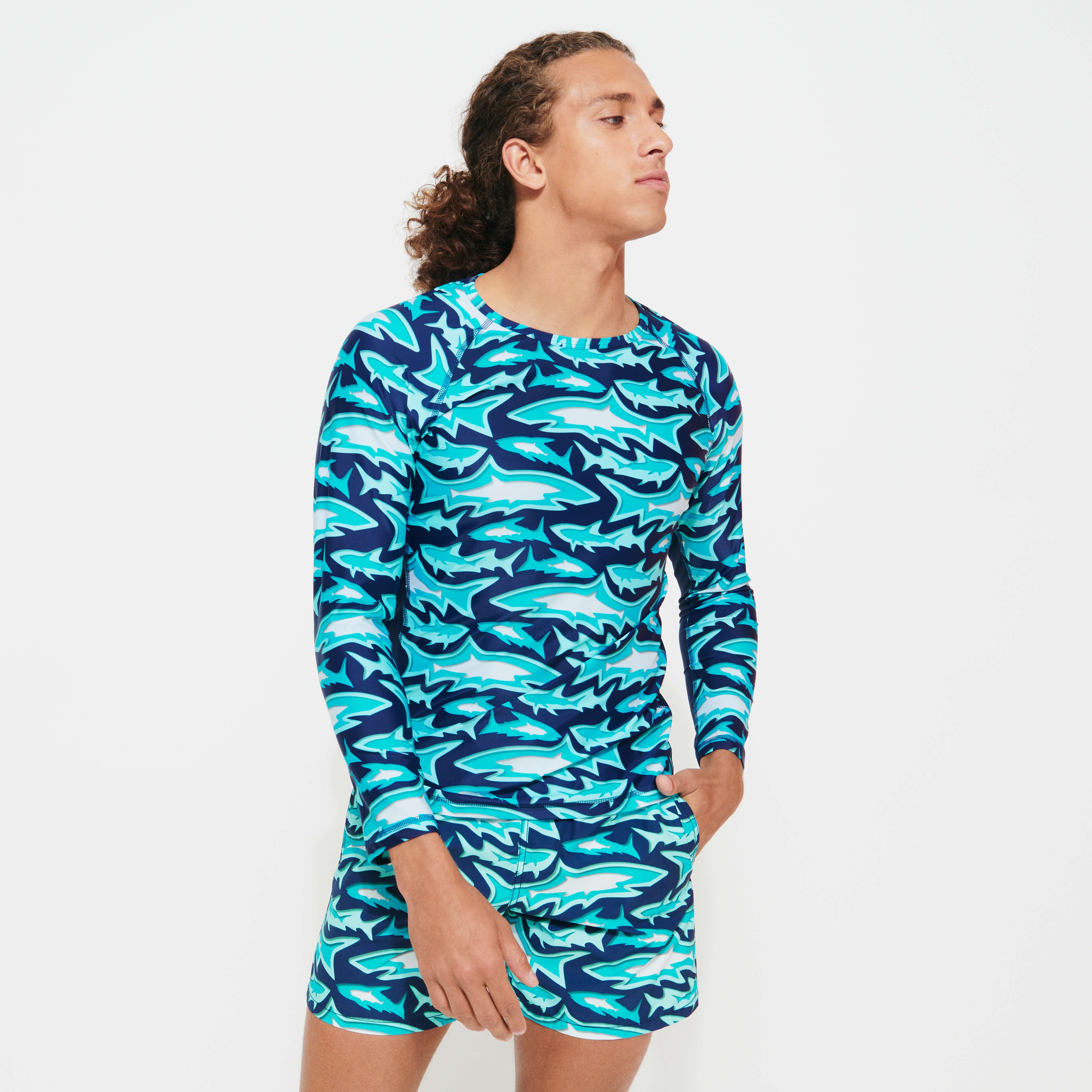 Men Long Sleeves Rashguard Requins 3D - 3