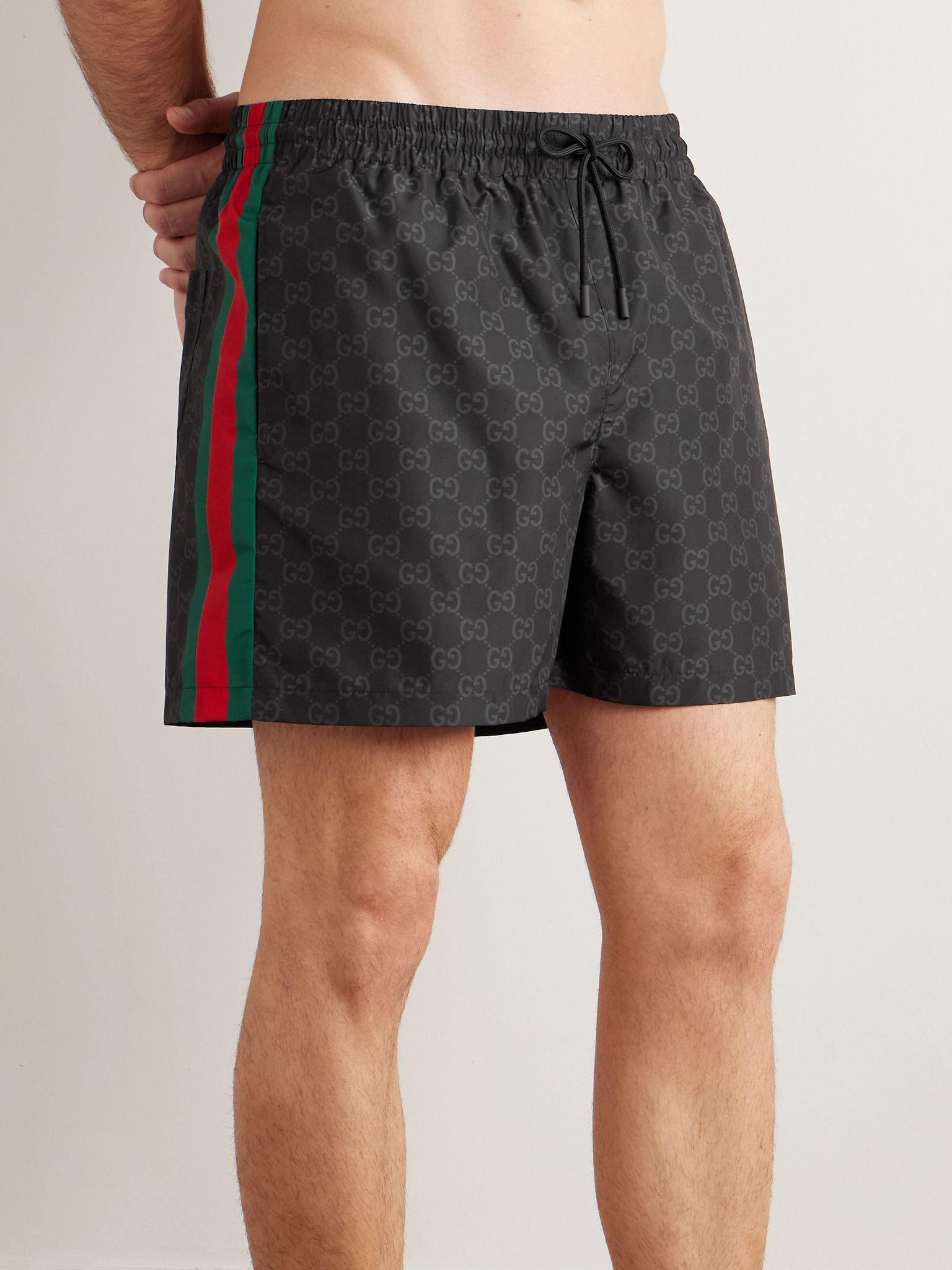 Straight-Leg Mid-Length Logo-Print Striped Swim Shorts Black - 2