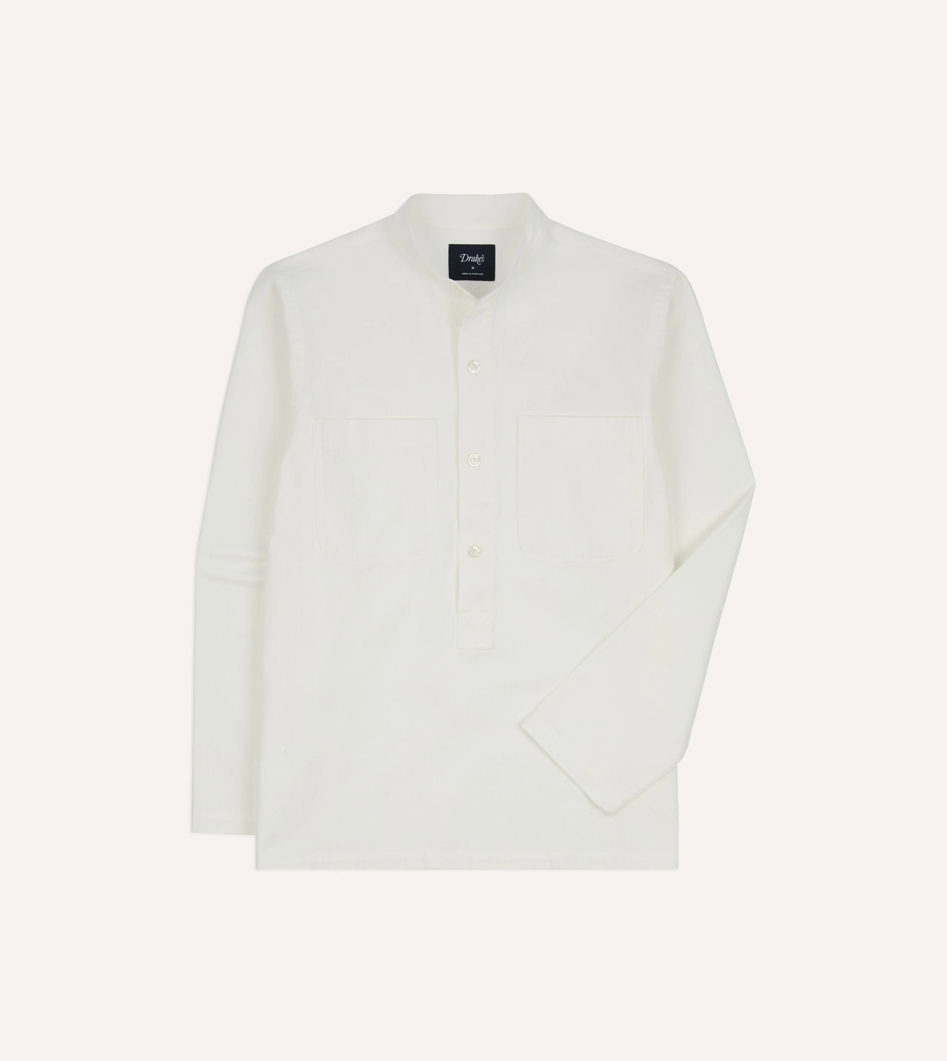 White Herringbone Cotton Mandarin Collar Popover Shirt - 1