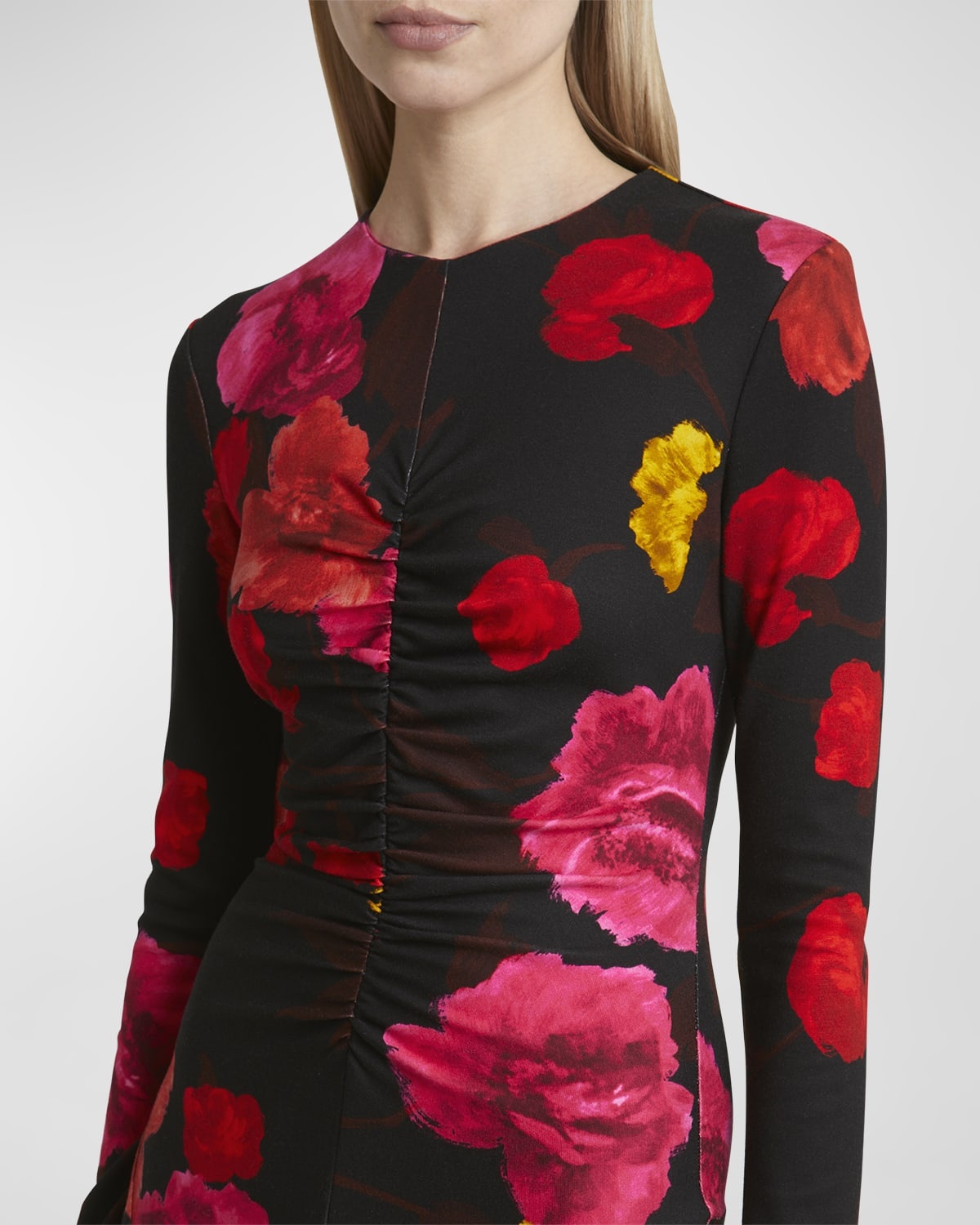 Ruched Floral Long-Sleeve Midi Dress - 5