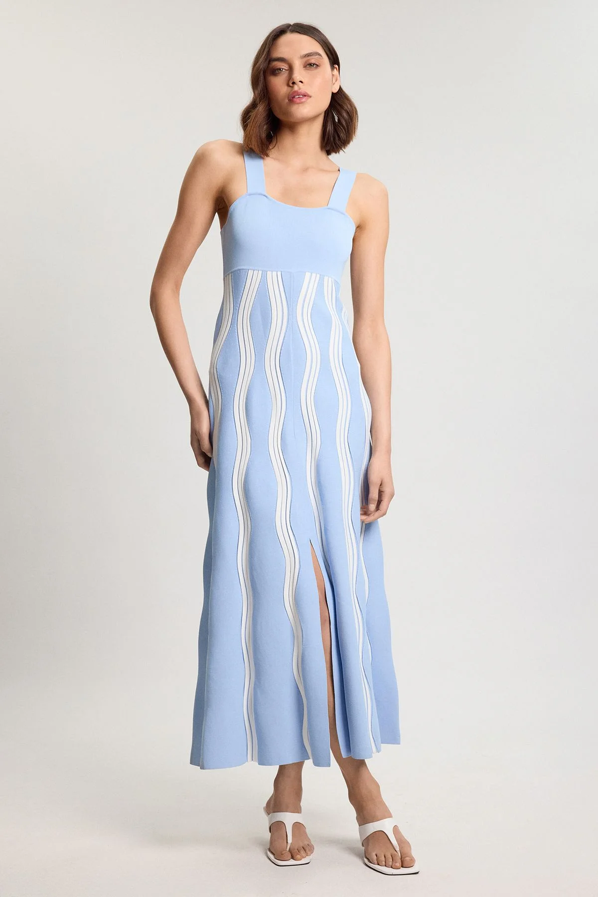 Petite Contrast Wave Knit A-Line Knitted Strappy Dress - 1